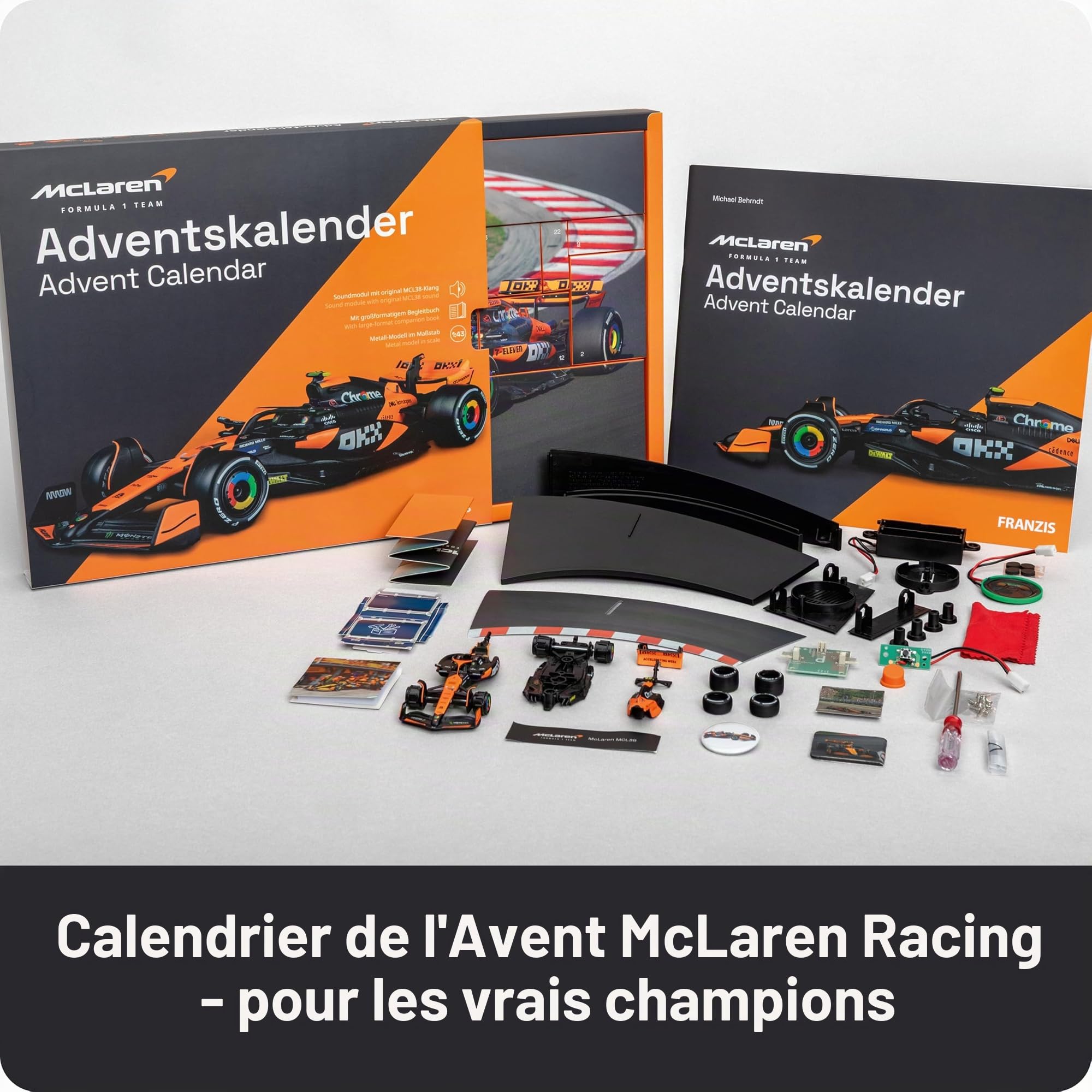 FRANZIS McLaren Racing 67391 Calendrier de l'Avent 2025 avec modélisme à l'échelle 1:43, avec module sonore et livre d'accompagnement de 52 pages