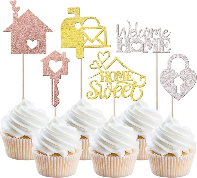 24 Pcs Sweet Home Cupcake Toppers - Golden Glitter Housewarming Party Decorations
