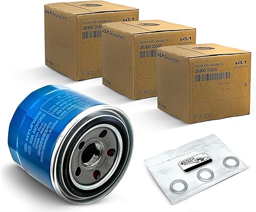 Juego de 3 filtros de aceite de motor originales OEM 26300-35505-ST y junta de tapón de drenaje 21513-23001 apto para Hyundai, Kia