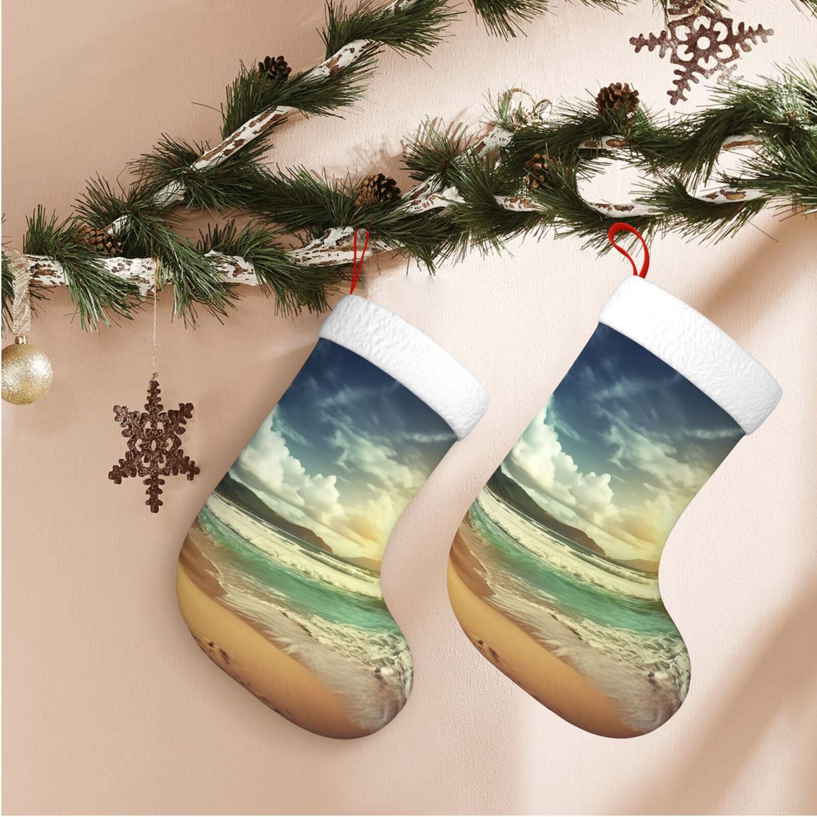 Sunset on The Beach Christmas Stockings Velvet Xmas Fireplace Hanging Stocking with Plush Cuff Rustic Christmas Santa Stockings for Home Christmas Decorations Party Favor Supplies