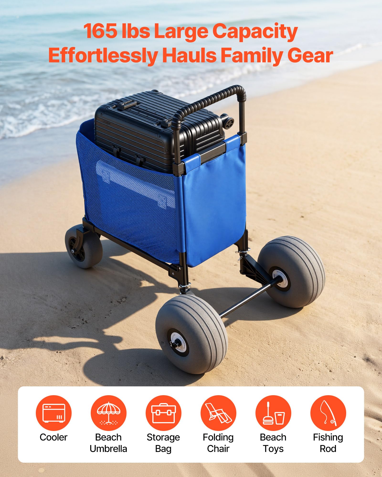 VEVOR Chariot de Plage Tout-Terrain, Chariot de Transport Pliable Charge 75 kg, Charette pour Camping Pêche Jardin Extérieur, avec Roues Ballons de 30 cm, Sac de Rangement et Hauteur Réglable