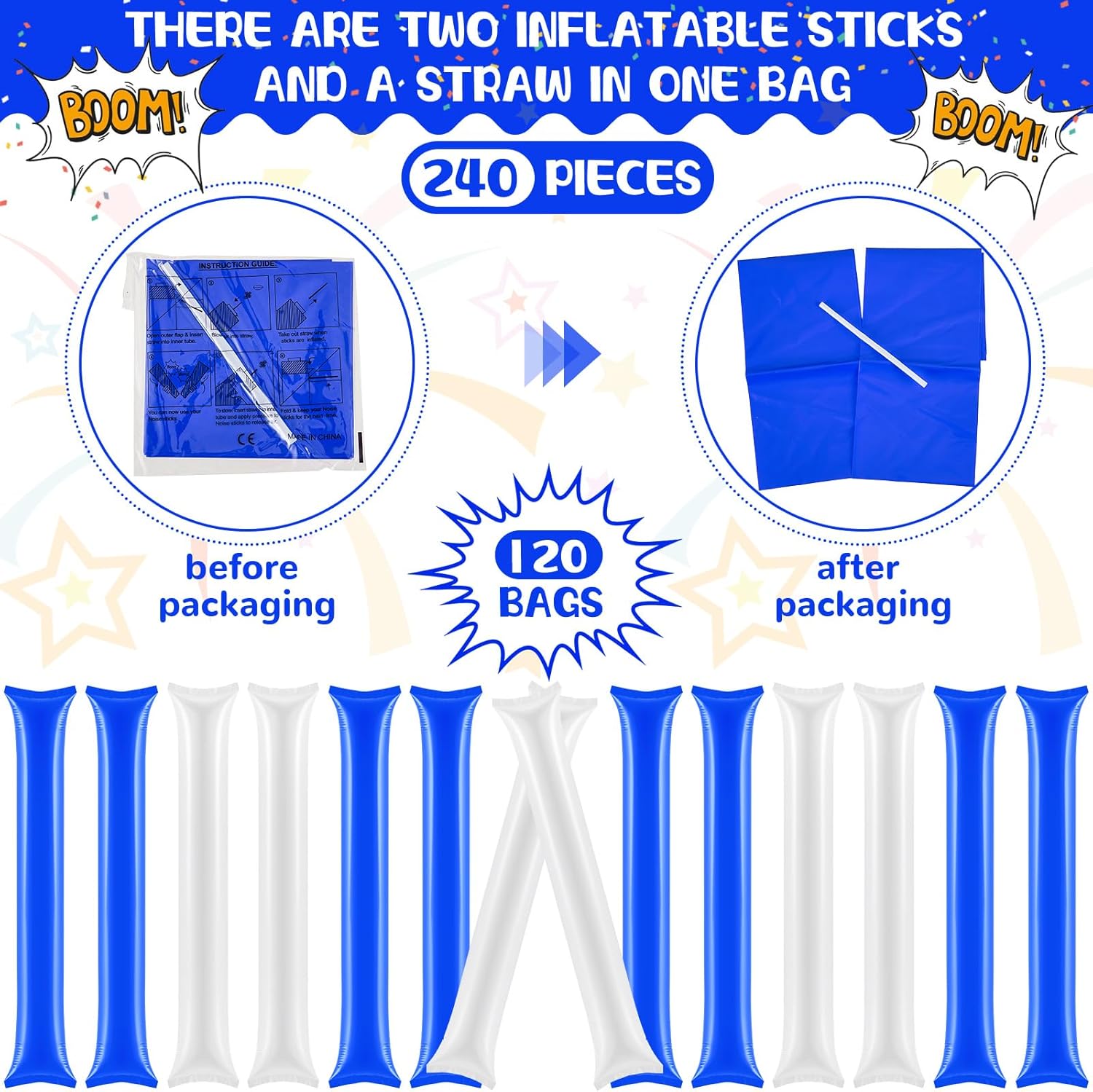 Junkin 240 Pieces Thunder Sticks Cheering Cheerleading Accessories Team Spirit Boom Sticks Noise Makers Inflatable for Sporting Events Football Game Party