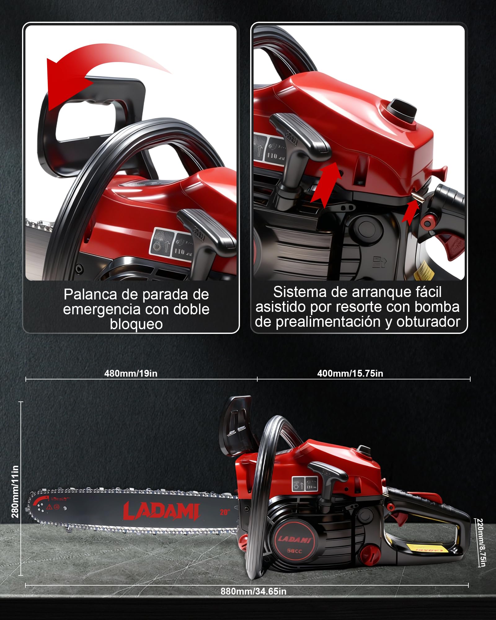Motosierra de gasolina 58CC profesional, motosierra de 2 tiempos, motor de 3,5 HP con espada de 20 y 16 pulgadas, 2 cadenas, sierra de gasolina para el cuidado de árboles, tala y jardinería.