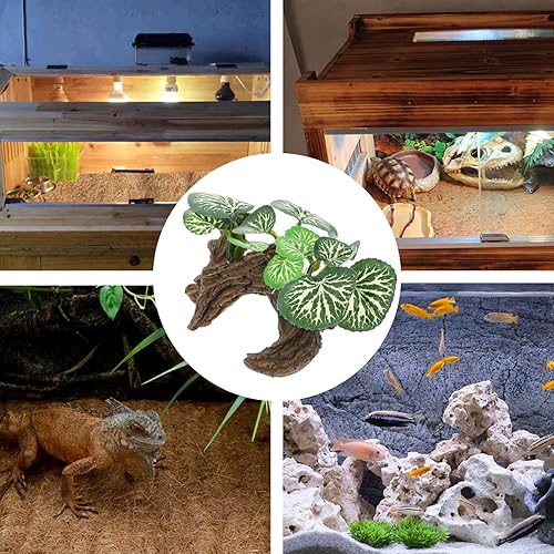 Vista 14 de Rama de esquina de reptil, rama de árbol trepadora de resina con hojas, plantas de terrario, ramas, peces, tortuga, tanque de decoración