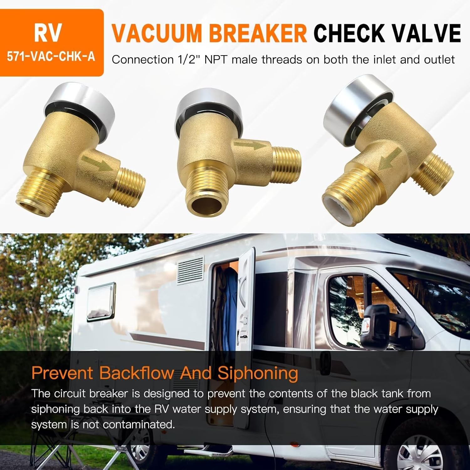 New Upgraded for RV Vacuum Breaker Check Valve, for Camper RV Tank Check Valve, for 571-Vac-Chk RV Backflow Preventer Improve Freshwater, Upgraded Brass