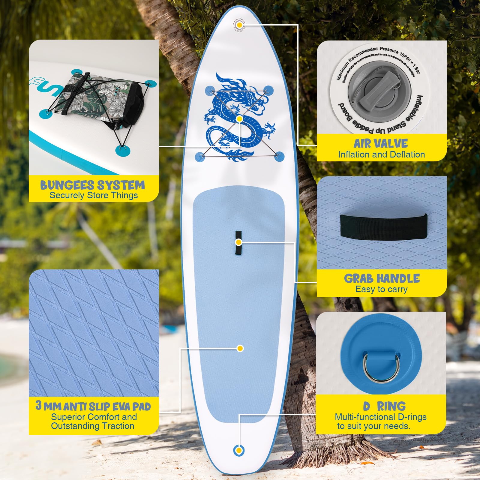 FunWater Aufblasbares Stand Up Padding Board, Ultra-Leicht SUP Board Zubehör: Verstellbares Paddel, Pumpe, Rucksack, Leash, Finnen – Für alle Könnerstufen