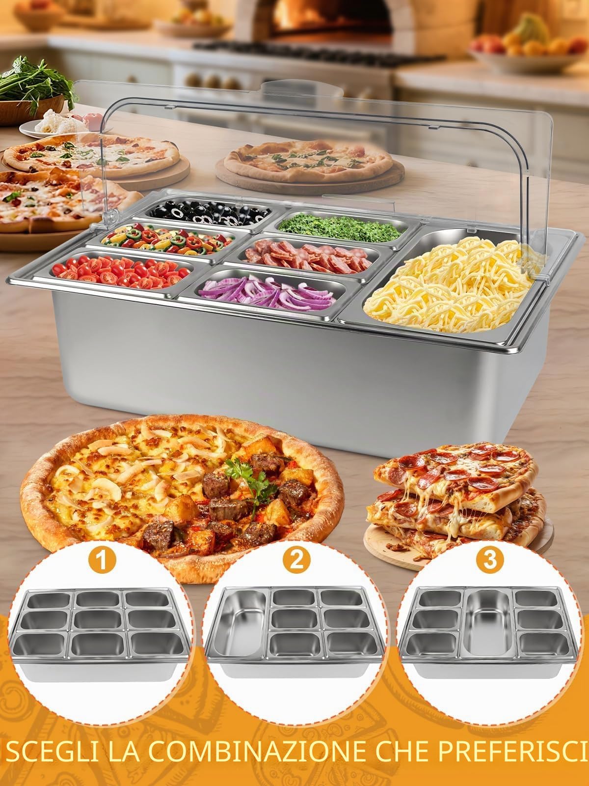 TOROKOM 10 padelle in acciaio inox, contenitore per condimenti, organizer in acciaio inox, per insalata, buffet Station con cucchiai, contenitori refrigeranti a buffet, set per salse, ingredienti