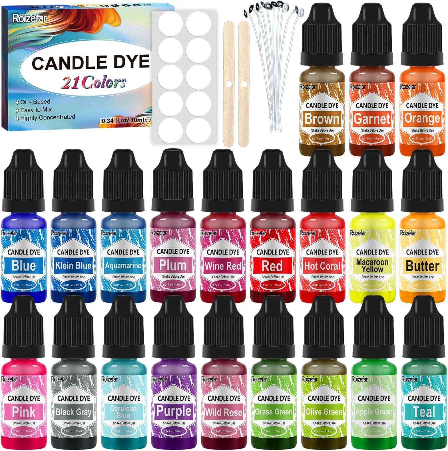 Roizefar Candle Dye - 21 Colors Wax Melt Dye for Candles Making, Oil-Based Dye for Wax, Highly Concentrate Liquid Candle Color Dyes