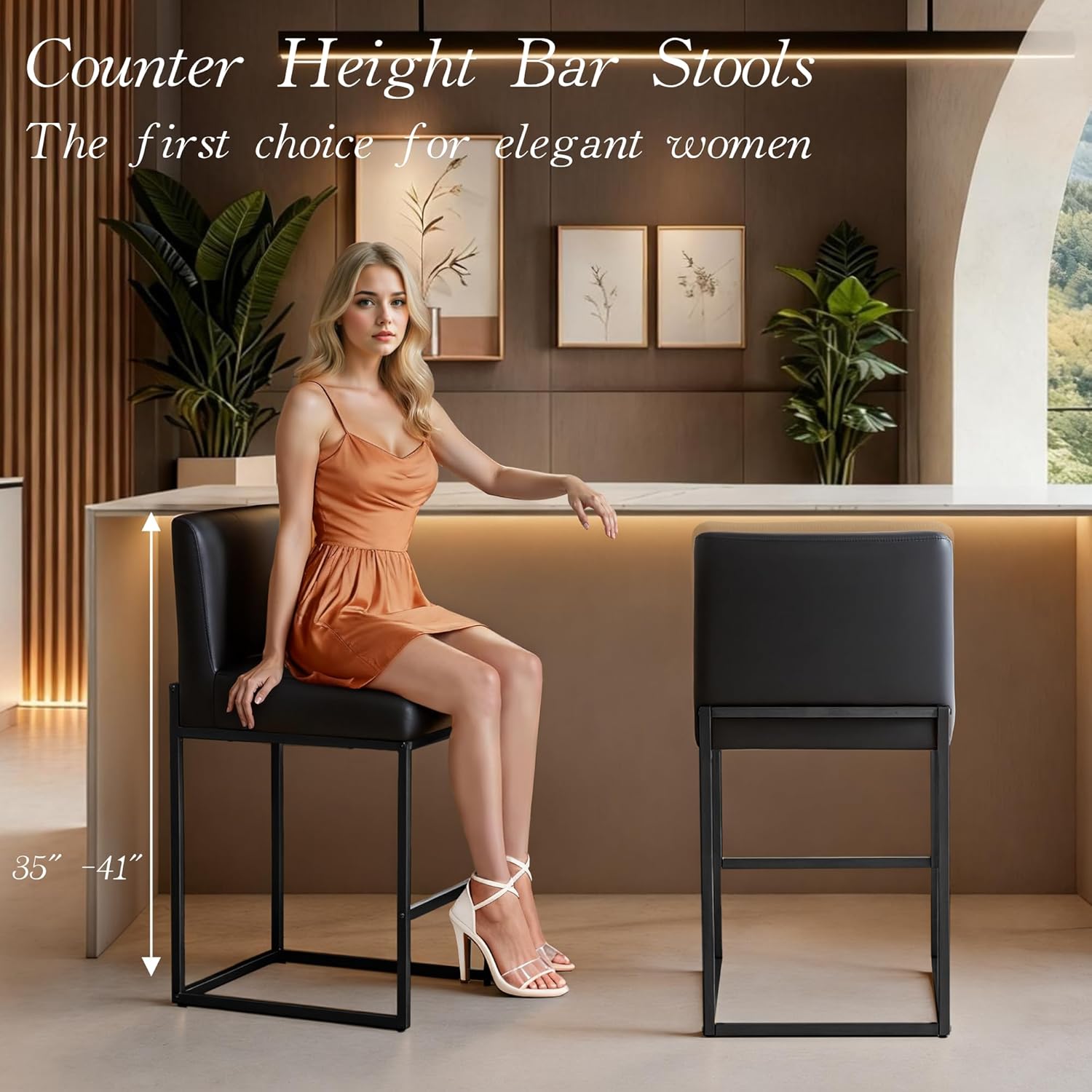 Counter Height Bar Stools,Bar Stools Set of 4,26" PU Leather Modern Kitchen BarStools with Backs,Bar Chairs with Metal Black Frames,Black Leather