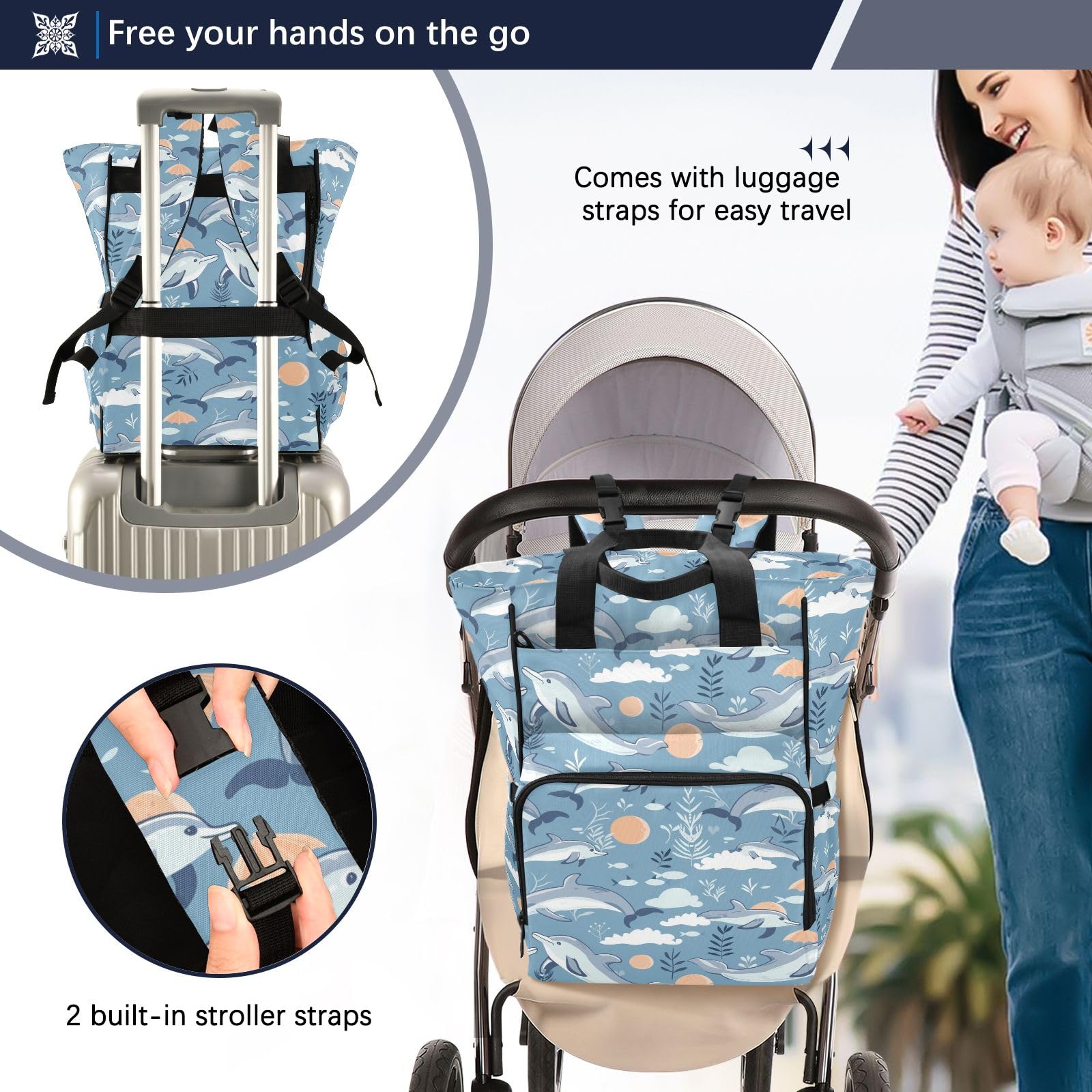 Mnsruu Sea Beach Dolphin Baby Diaper Bag Zaino Grande Borsa Impermeabile Viaggio Pannolino Borse per Mamme e Papà