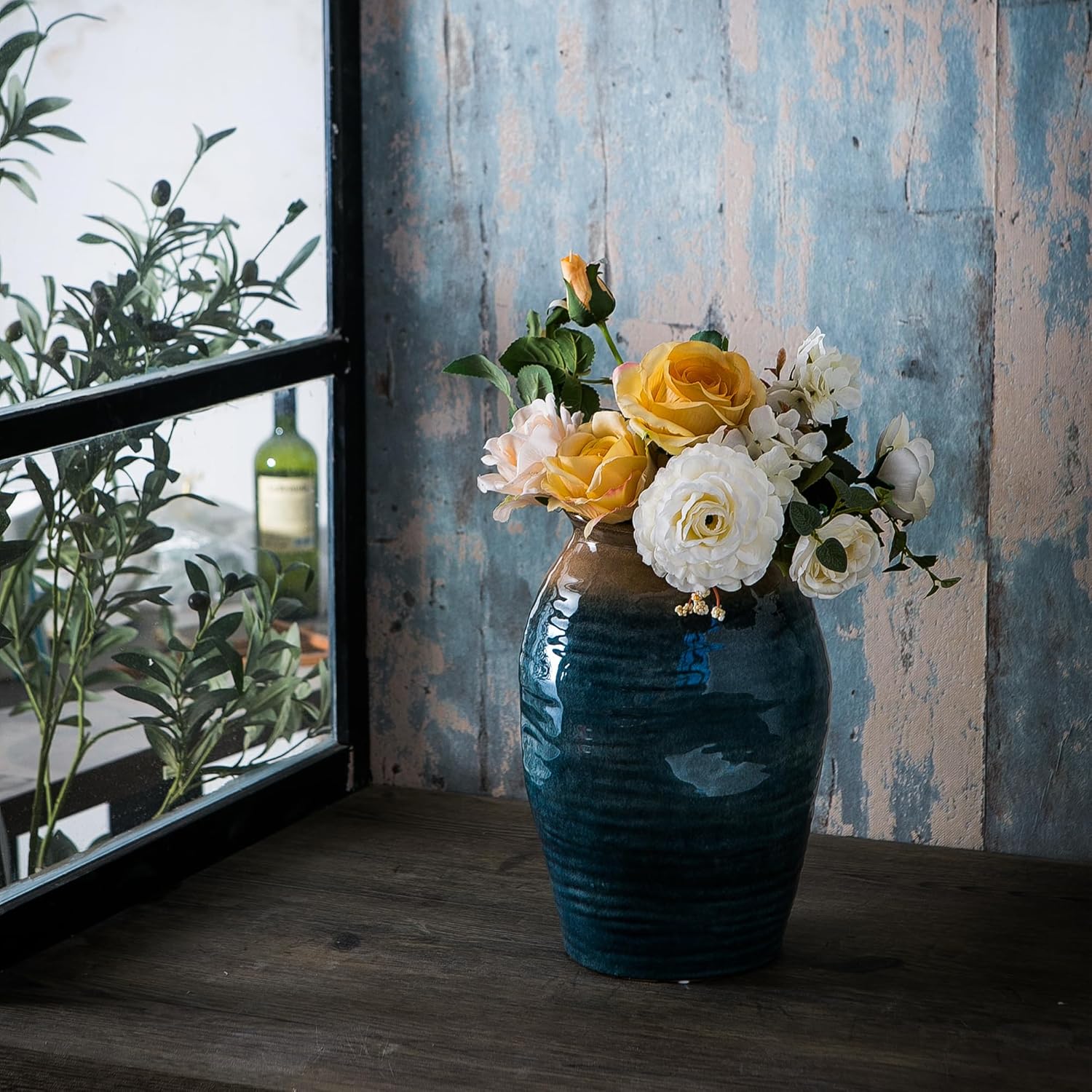 Blue Floor Vase, Ceramic Glazed Large Vase for Modern Farmhouse Home Decor, Rustic Terracotta Pottery, Vintage Clay Vase for Living Room Entryway Centerpiece - Image 8