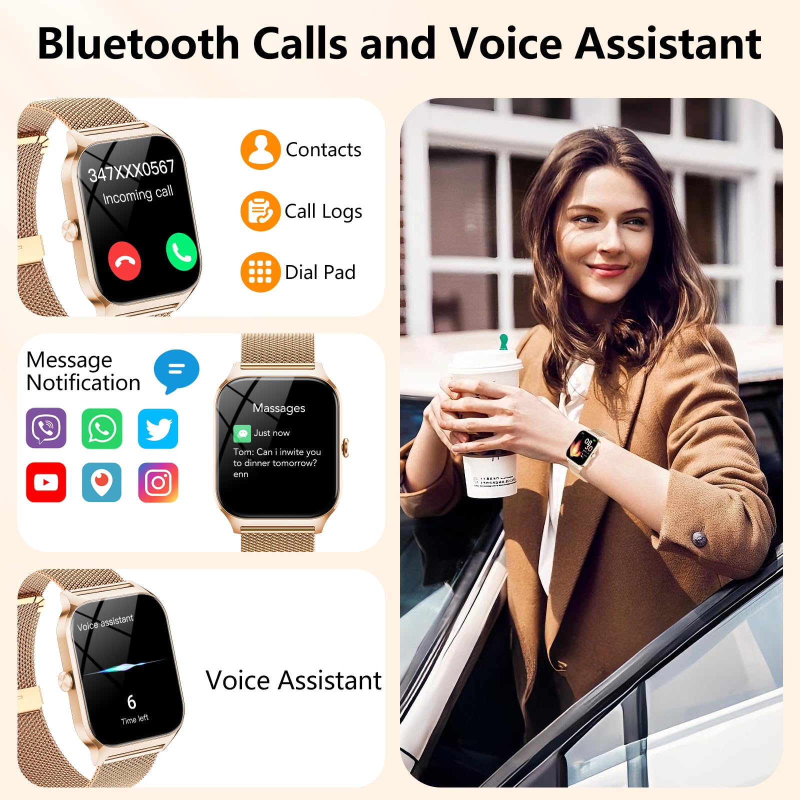 Smartwatch Donna,1.85'' Orologio Smartwatch con Chiamate Bluetooth/Assistente,120+ Sportive Smart Watch con Contapassi/Sonno/Cardiofrequenzimetro,IP68 Fitness Tracker per iOS Android, Oro e Rosa