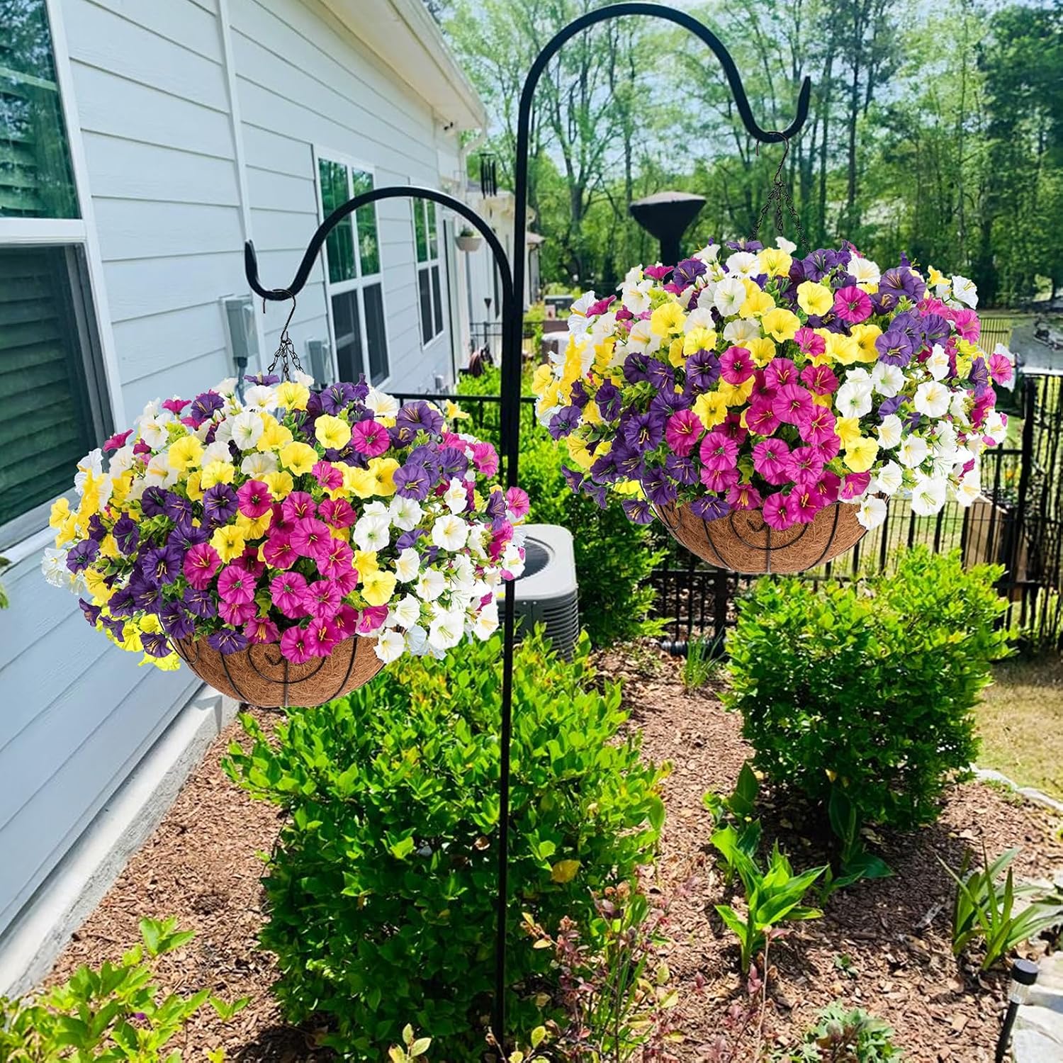 2 Set Artificial Hanging Flowers with Basket for Outdoor, 2 Hanging Planters with 28 Pcs Realistic UV-Resistant Silk Morning Glory for Porch Patio Balcony Yard Spring summer Decoration?Muticolor)