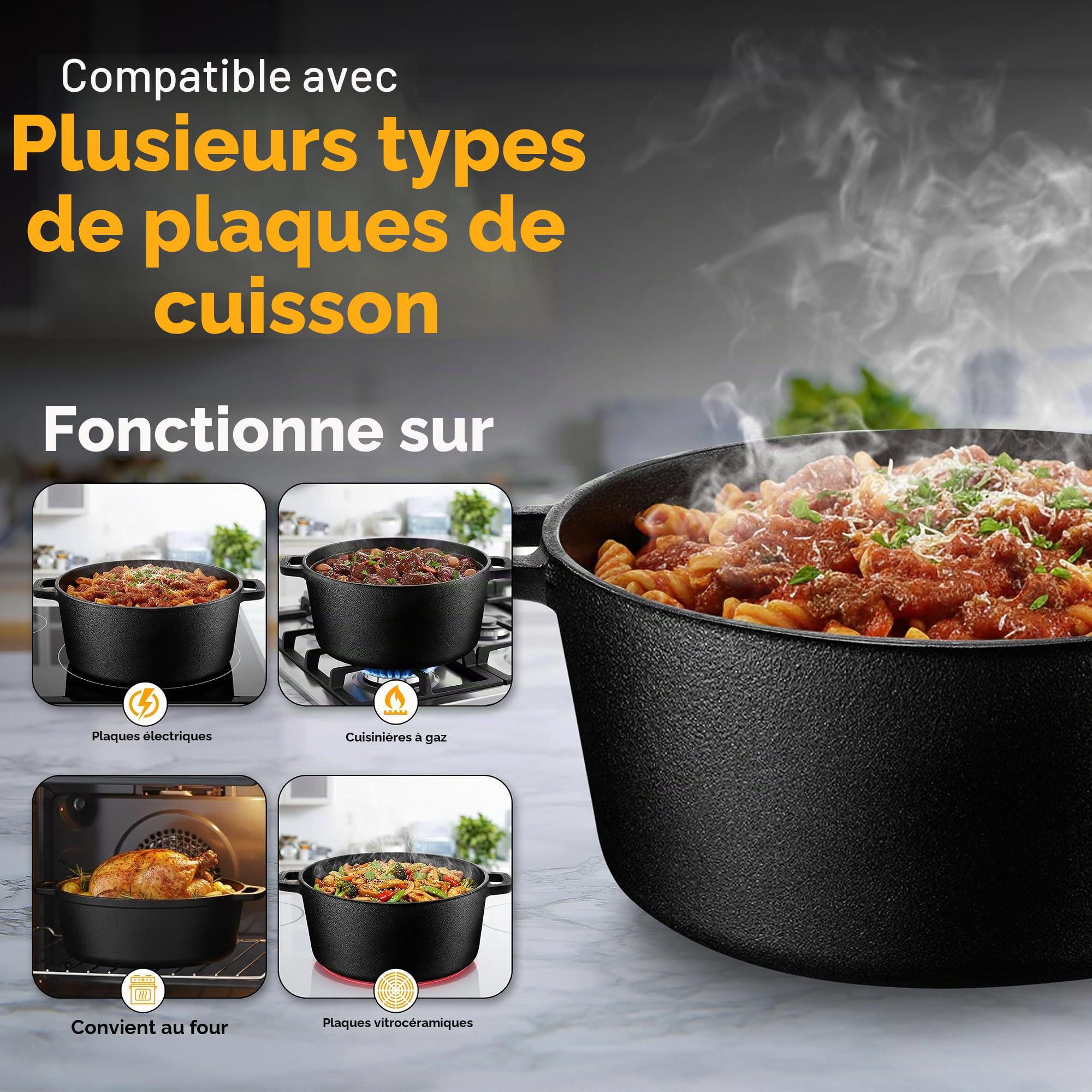 KICHLY 2 en 1 Four Hollandais en Fonte Pré-Assaisonné avec Couvercle - Poêle à Griller Double Usage Cuisson Intérieur et Extérieur
