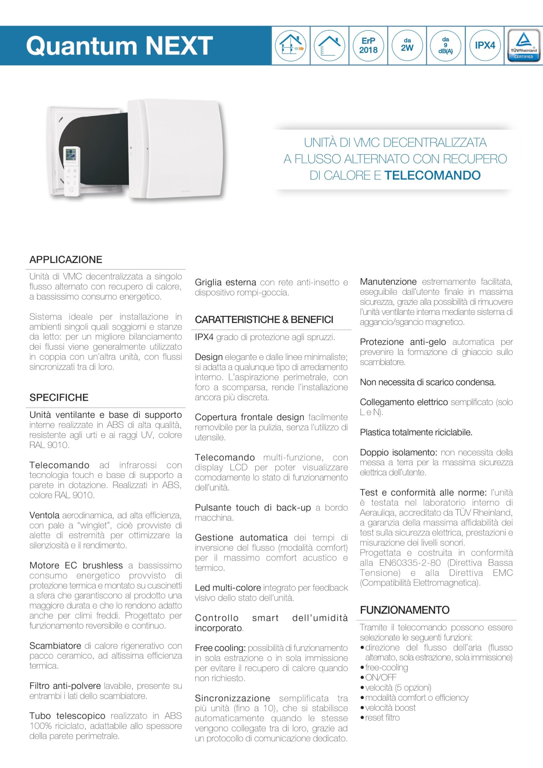 Aerauliqa 004388 Quantum Next 100 - Unità di VMC Decentralizzata a Flusso Alternato, con Recupero di Calore, Super Silenziosa, con Telecomando Multifunzione, Bianco, Diametro 100 mm | Telecomando con display, sensore di umidità, silenzioso. Diam.110mm