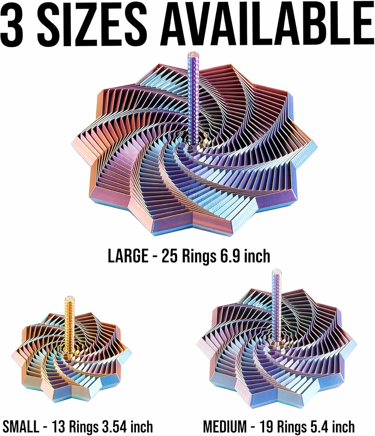 3D Printed Expanded Sensory Fidget Star, Custom Dual/Tri/Quad-Color Printing,Dual Motion Hypnotic Spiral for ADHD Focus & Stress Relief,Office Desktop Fidget Toy (FourColor-2, L-25 Rings)