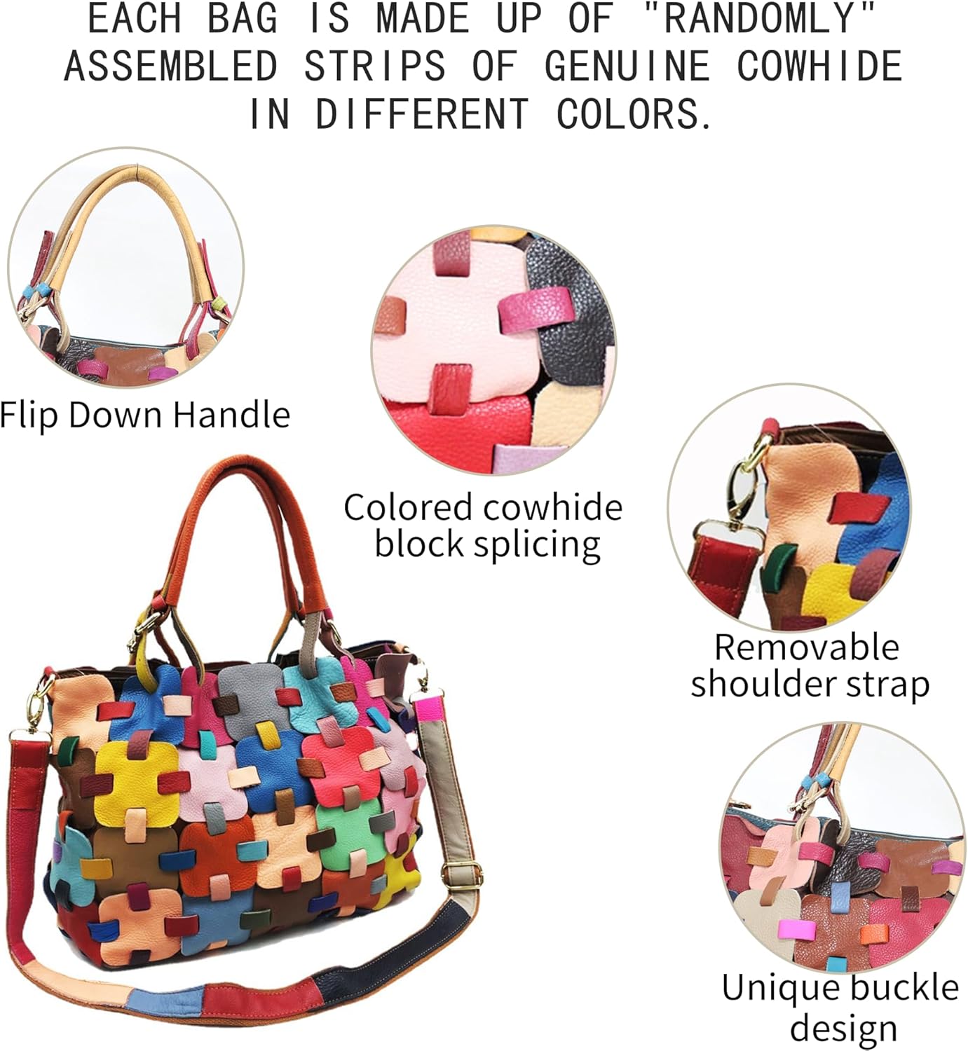 Handmade Cowhide Multi-color Block Random Stitching Unique Style Women's Bag - Crossbody, Shoulder and Handheld - Image 5