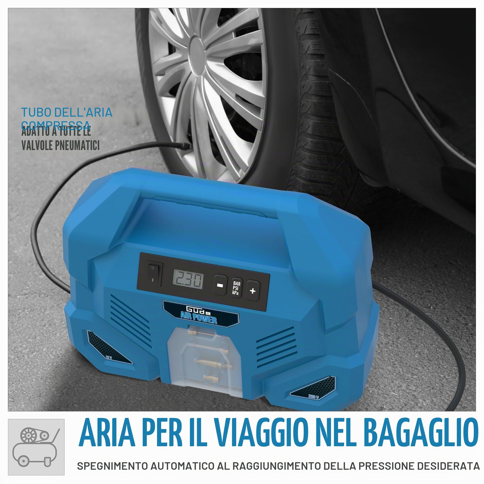 Güde Compressore Airpower Dual Drive 12/230 V/5 pezzi (150 W, max. 8 bar, 20 l/min eff. Contenuto della confezione: senza olio e manutenzione, connettore da 12 Volt e 230 Volt, display LCD, tubo