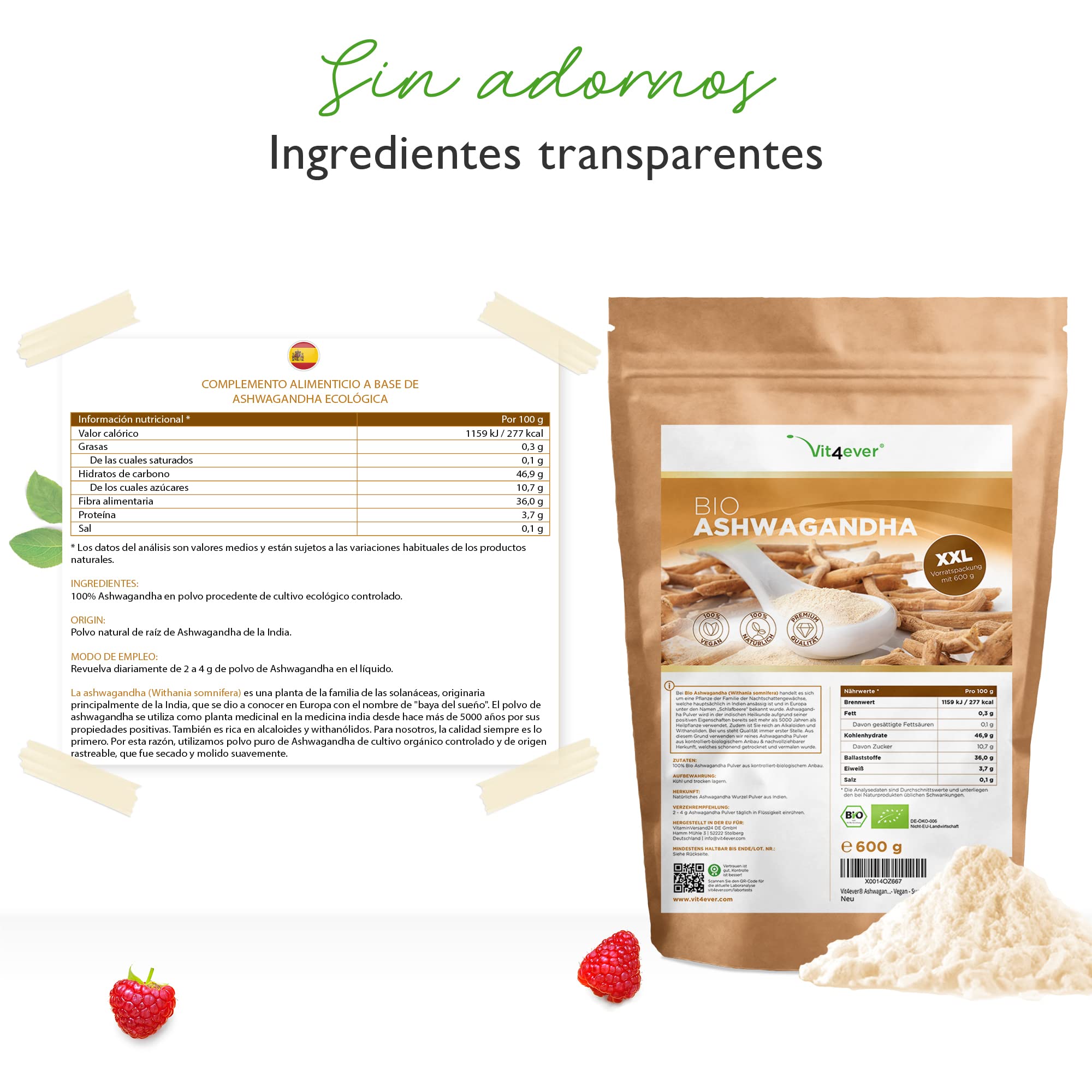 Raíz de Ashwagandha orgánica en polvo 600g - 100% genuina Ashwagandha india (Withania Somnifera) de cultivo orgánico controlado - Vegano