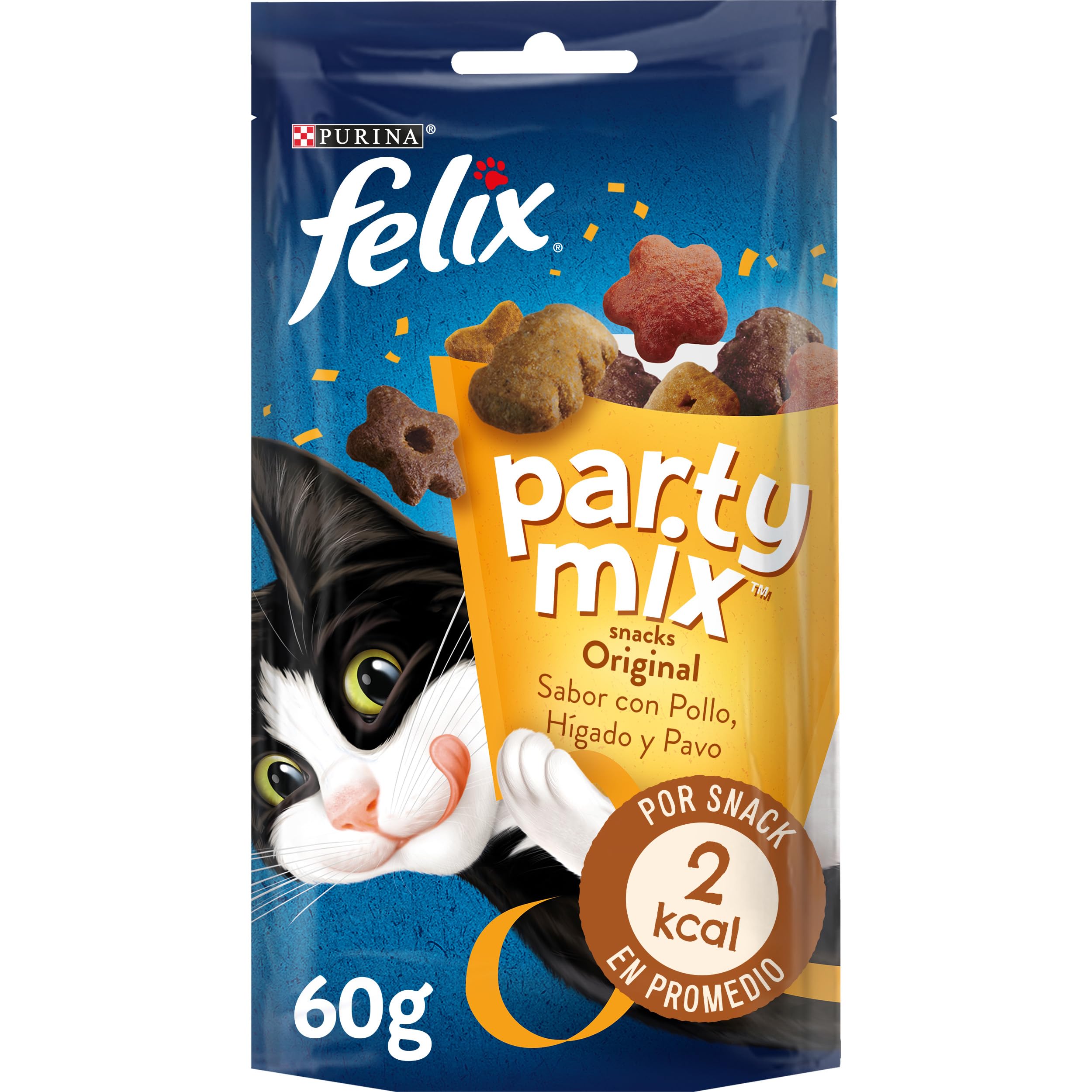 Felix Purina Party Mix Original, Snack, premio para Gato con Pollo, Higado y Pavo, 8 bolsas de 60g