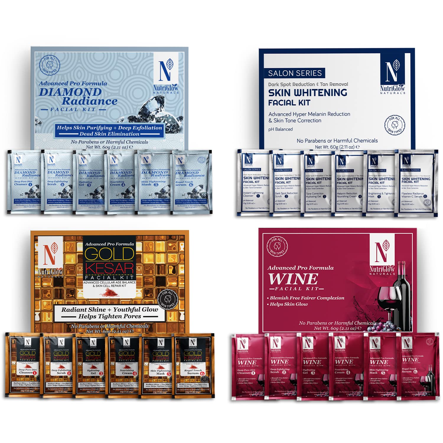 NutriGlow NATURAL'S Advanced Pro Formula Diamond Radiance,Gold Kesar,Wine Facial Kit For Skin Tone Correction Reduce Blemishes & Hyper Melanin Reduction, 10gmx6 Each, Pack of 4