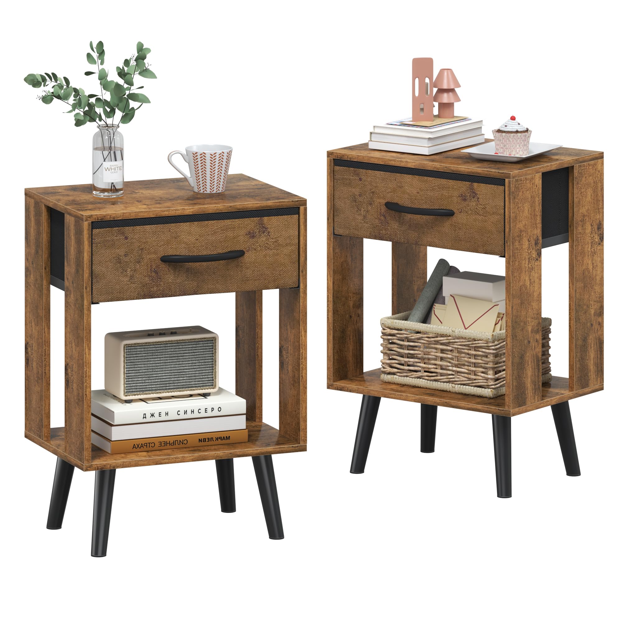 OYRREU Nachttisch 2er Set, 40X 30 X 60.3cm Nachttisch, Klein Nachttische mit Schublade Nachtschrank für Schlafzimmer Kinderzimmer Zimmer Geschenk Bedside Table Nightstand, Braun