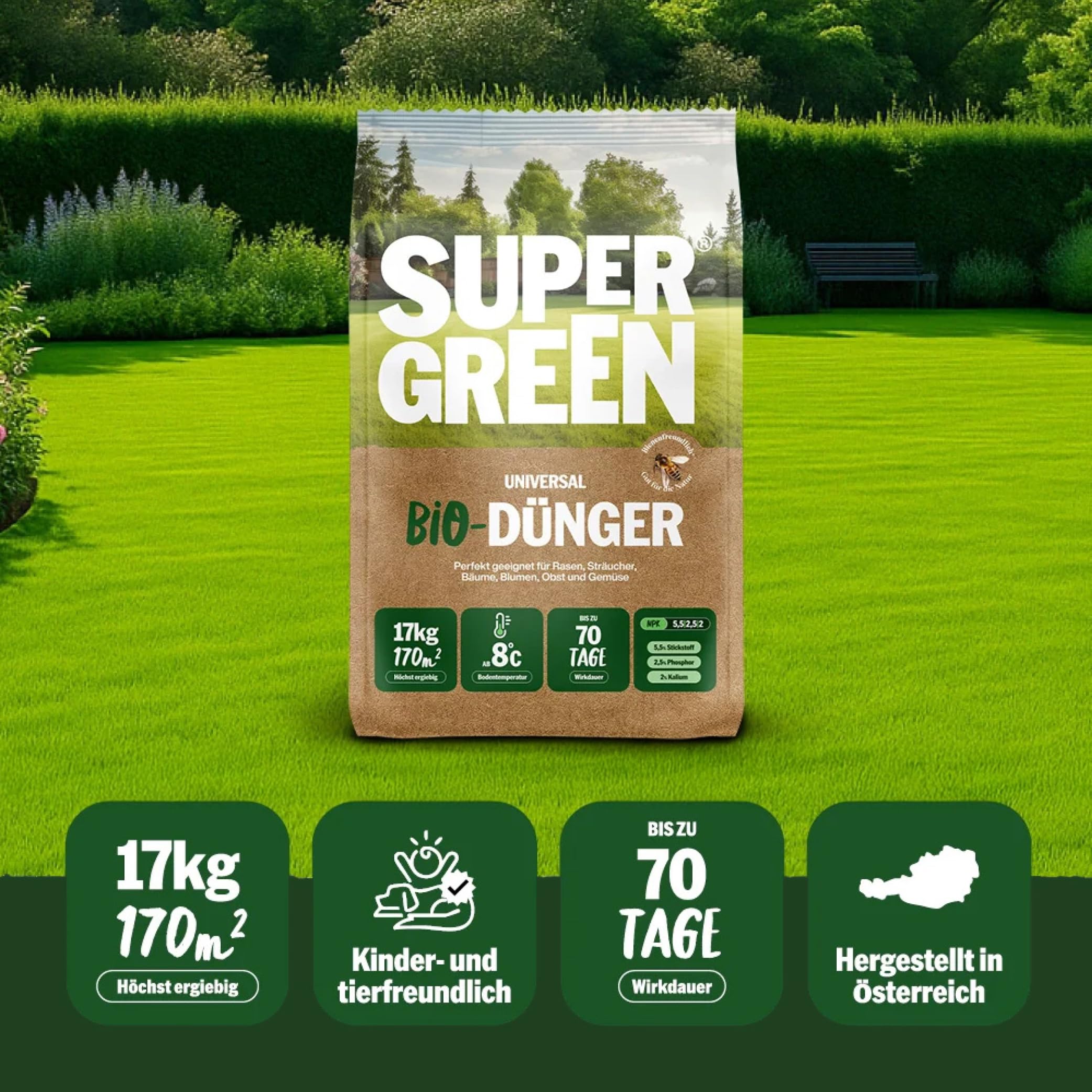 SUPERGREEN Bio-Dünger rein Organisch | 17kg | Langzeit bis 70 Tage | NPK 5,5-2,5-2 für Rasen, Gemüse, Obst & Pflanzen | 100% pflanzlich, vegan & nitratfrei | Feines Granulat | Premium Qualität