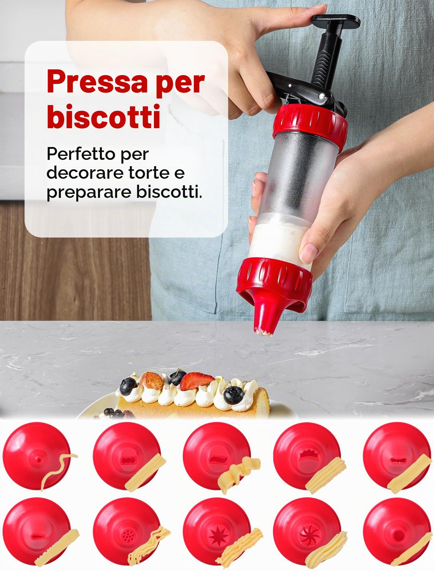 GDL Sparabiscotti con 12 Stencil e 10 Beccucci, Siringa Stampi per Biscotti Fatti in Casa, Spara Biscotti per Frolla, Churros e Decorazioni per Torte (Rosso)