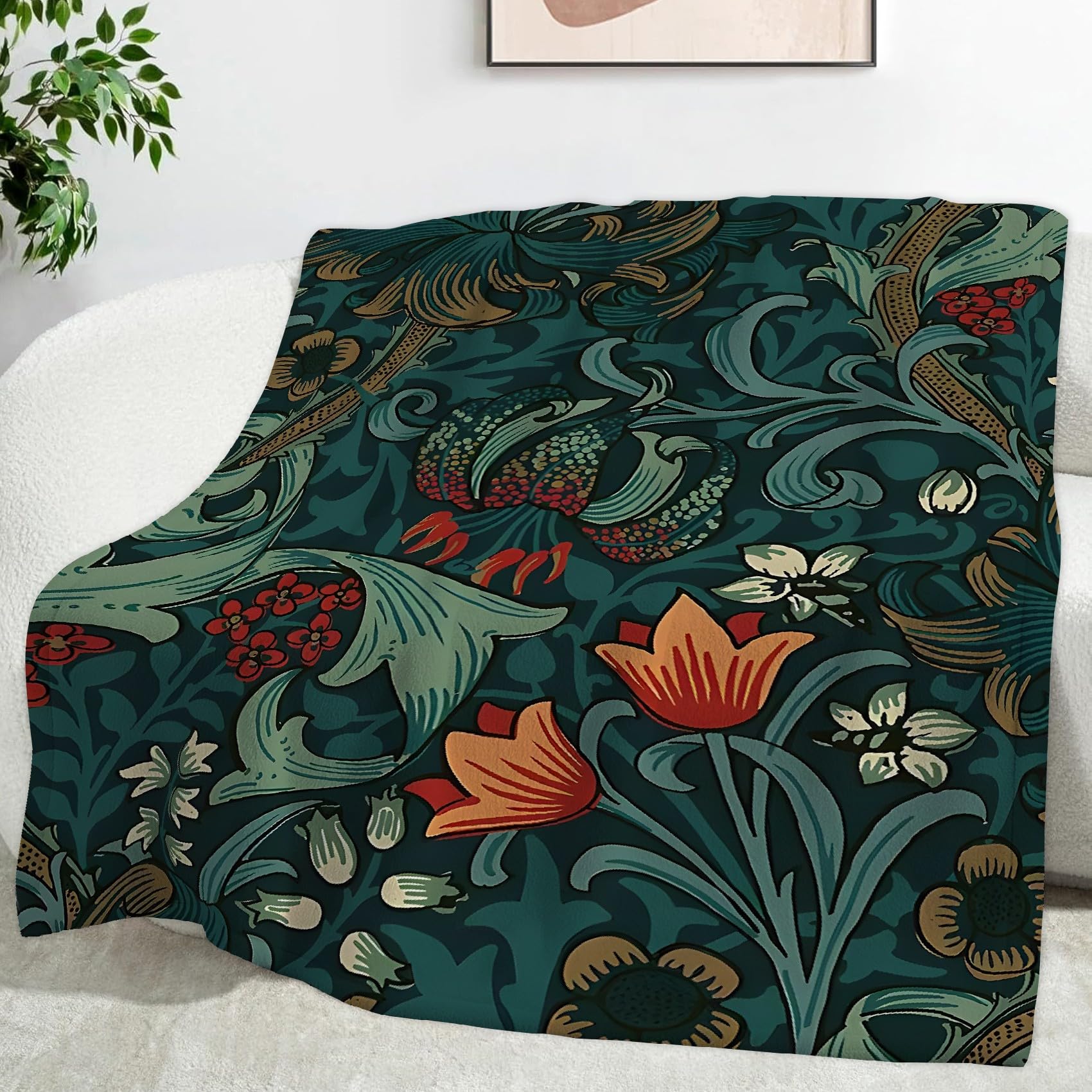 TMMDH Large Fleece Bed Blanket 220x240 cm, Super Soft William Morris Pattern Dark Green Printed, Cosy Warm Double Queen Size Blanket or Oversized Sofa Throw, Washable