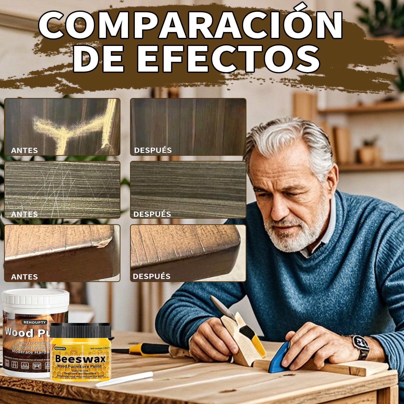 Kit de Reparación de Muebles Incluye Masilla para Madera y 12 Colores de Reparador Madera y Cera de Abejas, Kit Todo en Uno de Reparación de Suelos para Arañazos, Grietas, Manchas, Agujeros