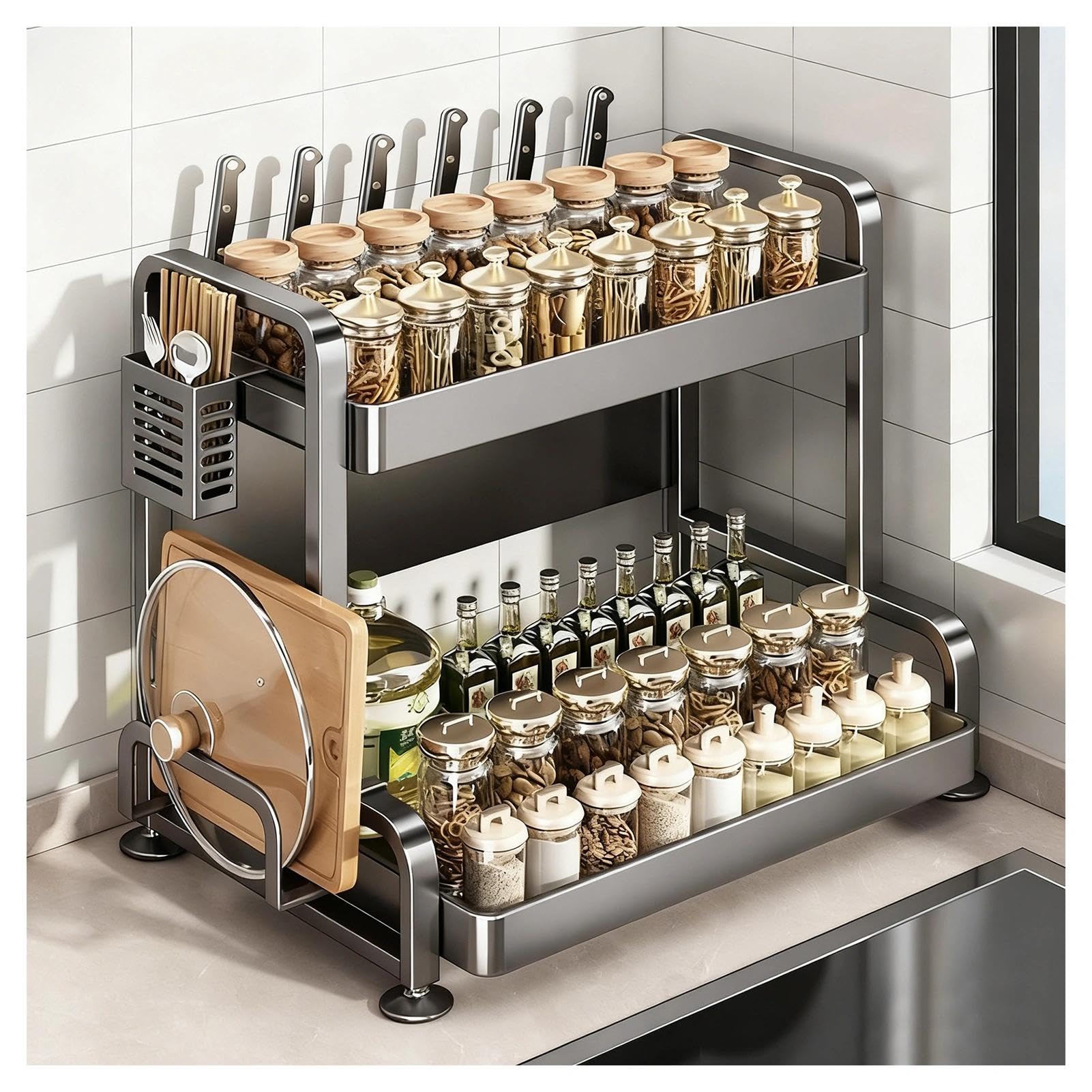 HADECOLL Spice Rack Organizer With Hooks And Utensil Holders,Countertop Stand For Kitchen, Office, Living Room,2 Tier-13.7in