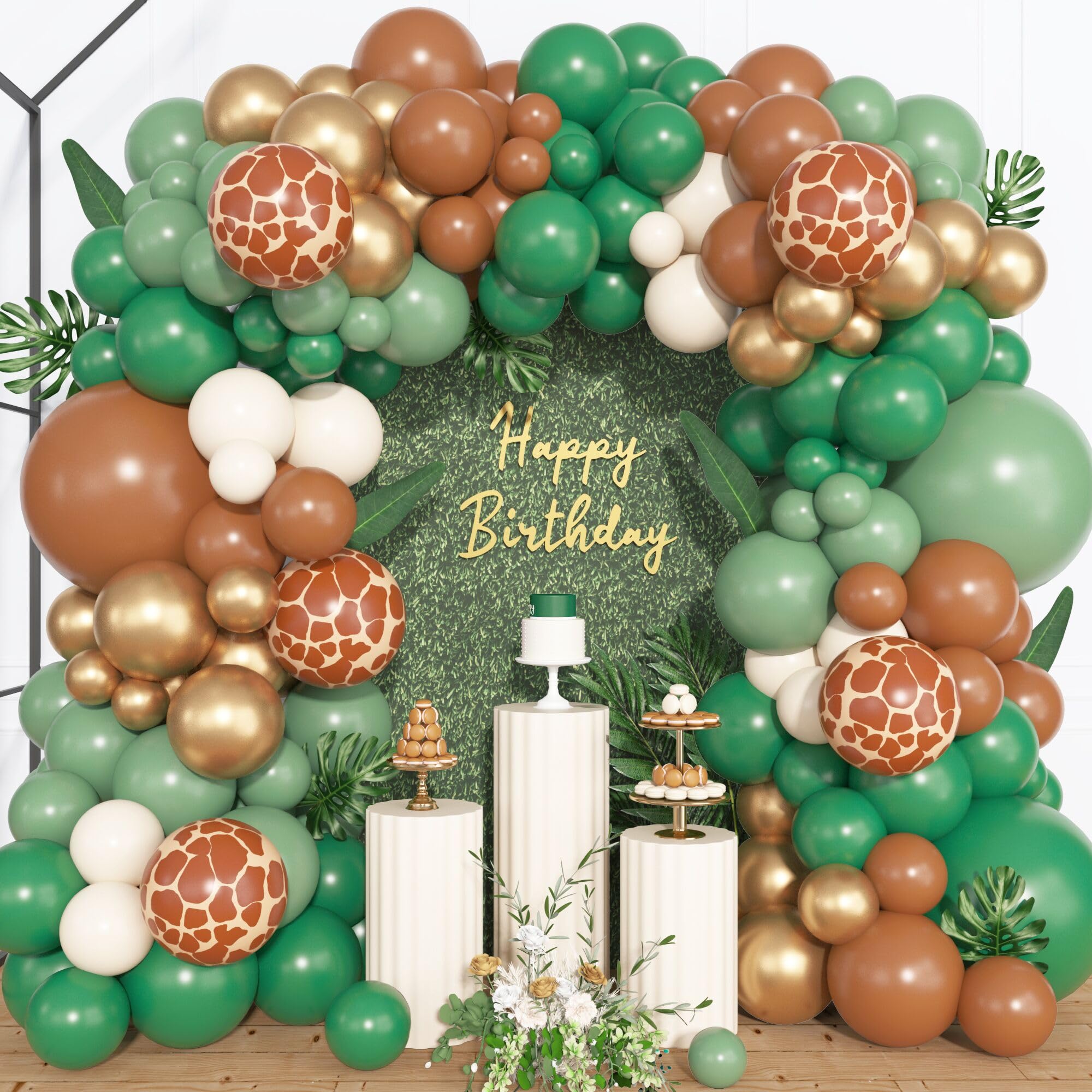 Ouddy Life 157 Pcs Jungle Safari Balloons Arch Garland Kit, Dark Sage Green Sand White Metallic Gold Brown Animal Print Different Size Balloon for