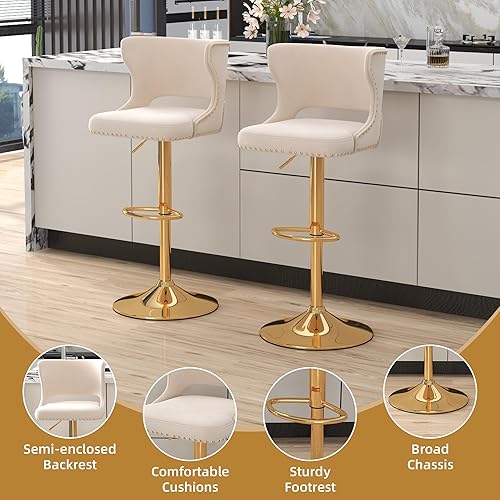 Miniatura 5 de Westice Gold - Juego de 2 taburetes de bar ajustables y giratorios, sillas de bar modernas de terciopelo con respaldo curvo, base de metal y