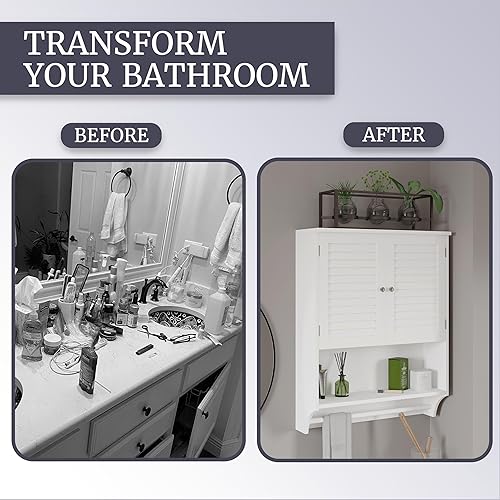 Miniatura 6 de Lavish Home Gabinetes de almacenamiento de cocina montados en la pared, botiquín o estante sobre el inodoro con elegantes puertas de obturador y