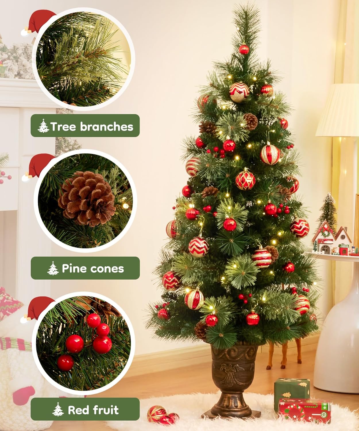 Decoway 4ft Christmas Tree Pre-lit Artificial Trees for Entrances with Gold Pot Base, Flocked Snow 70 Warm White Led Lights, for Entrance, Home Decorations Holiday Decor - Image 4