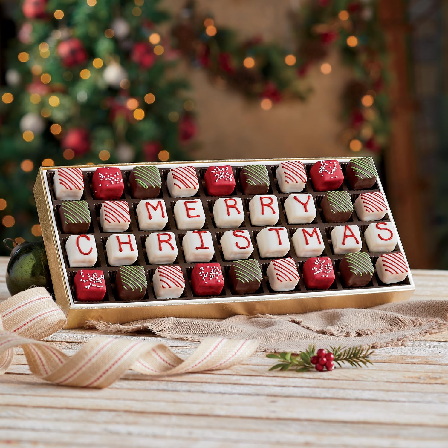 The Wisconsin Cheeseman Merry Christmas Petits Fours – Gourmet Mini Layer Cakes in Red Velvet, Strawberry Shortcake, Chocolate Cake, and Vanilla – Holiday Dessert or Cake Assortment Gift