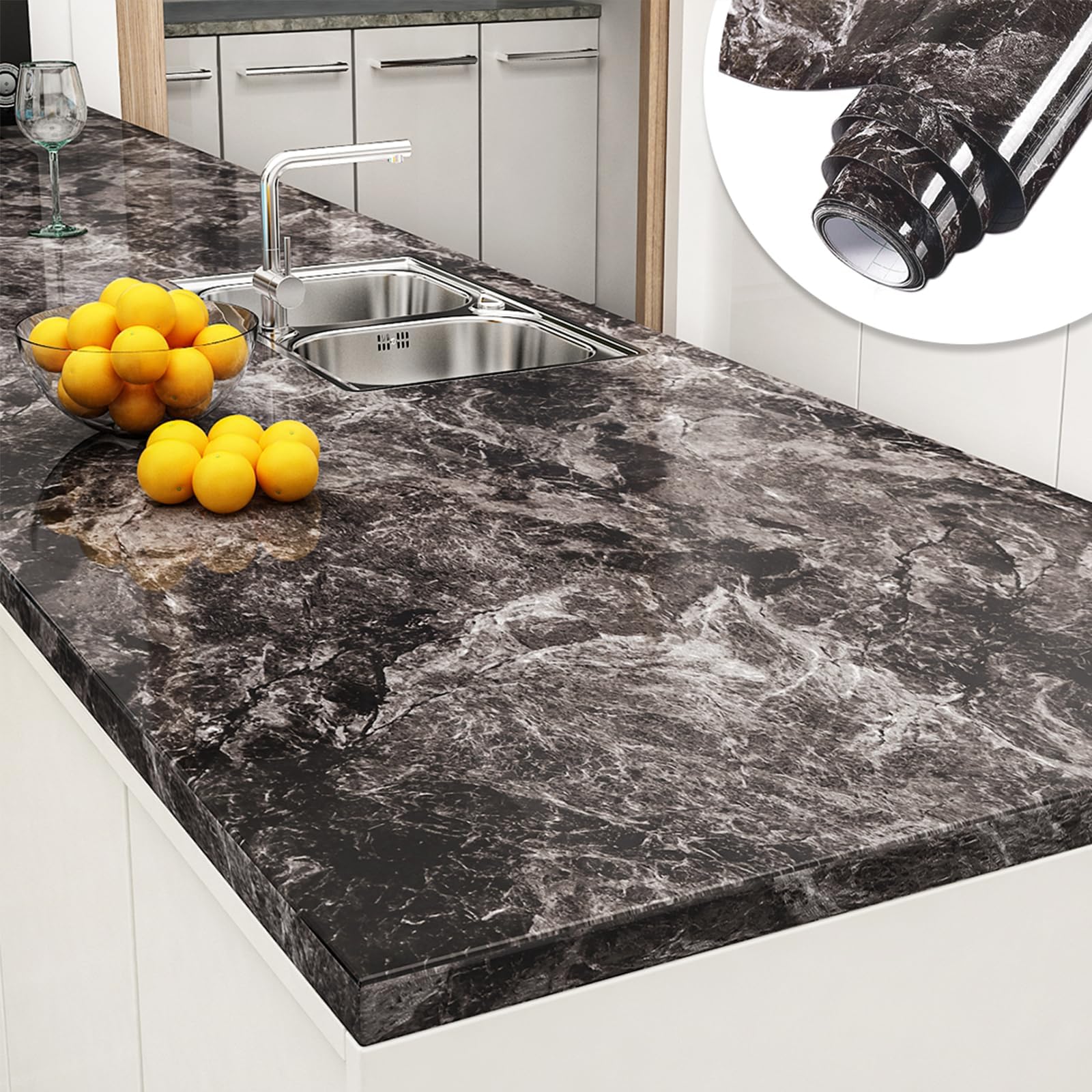 Yenhome 60x1000cm Sandstein Schwarz Braun Marmor Tapete Selbstklebende Enorme Größe Vinyl Folie für Arbeitsplatten Möbelfolie Selbstklebende Tapete für Küche Badezimmer Wanddekoration Wandverkleidung