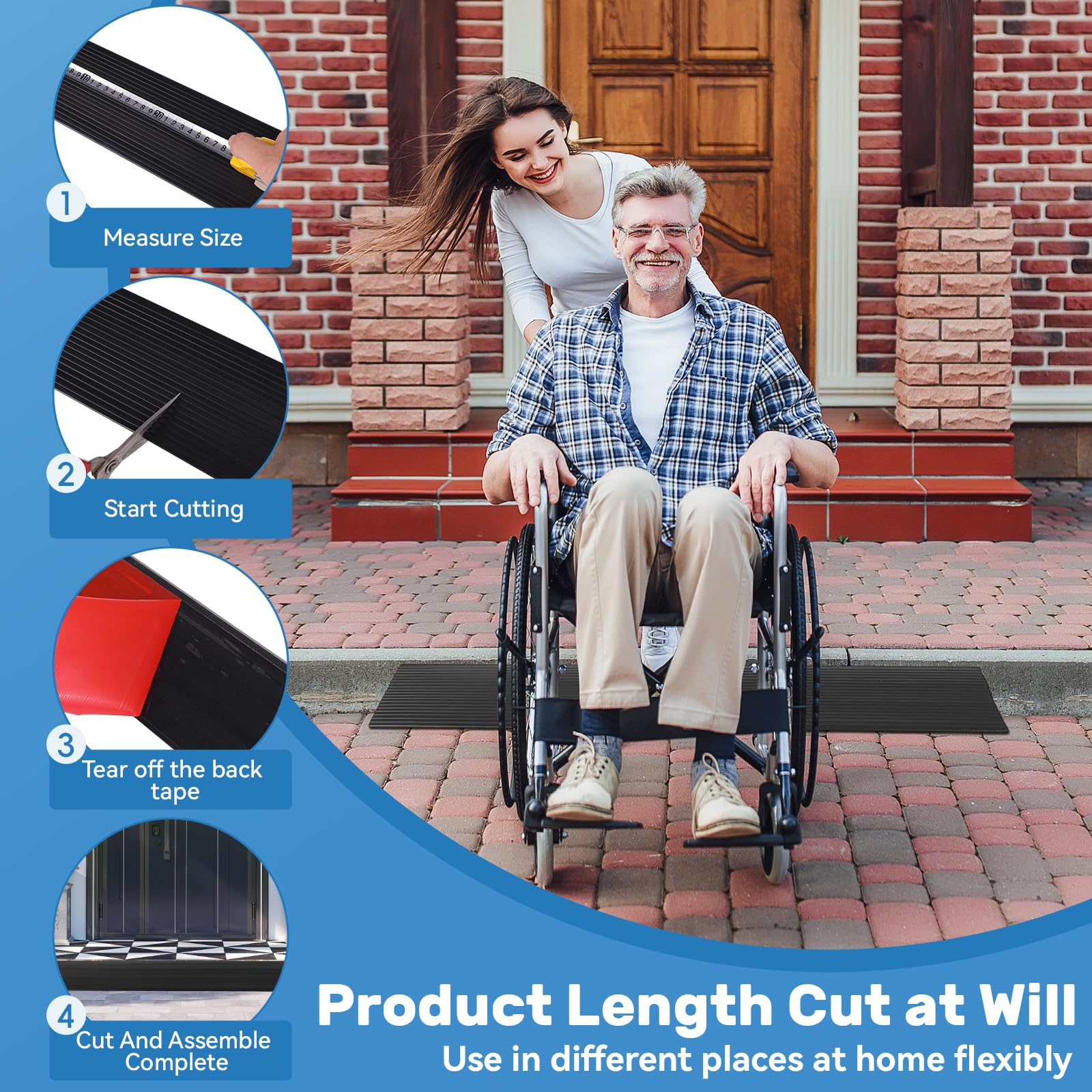 Rampe per soglie per porte, 101,6 cm, striscia di transizione per pavimento, autoadesiva, 1,5 cm, rampe per sedie a rotelle, per la casa, in gomma, per gradini di casa (nero, 1,5 cm, altezza 203,2 cm)