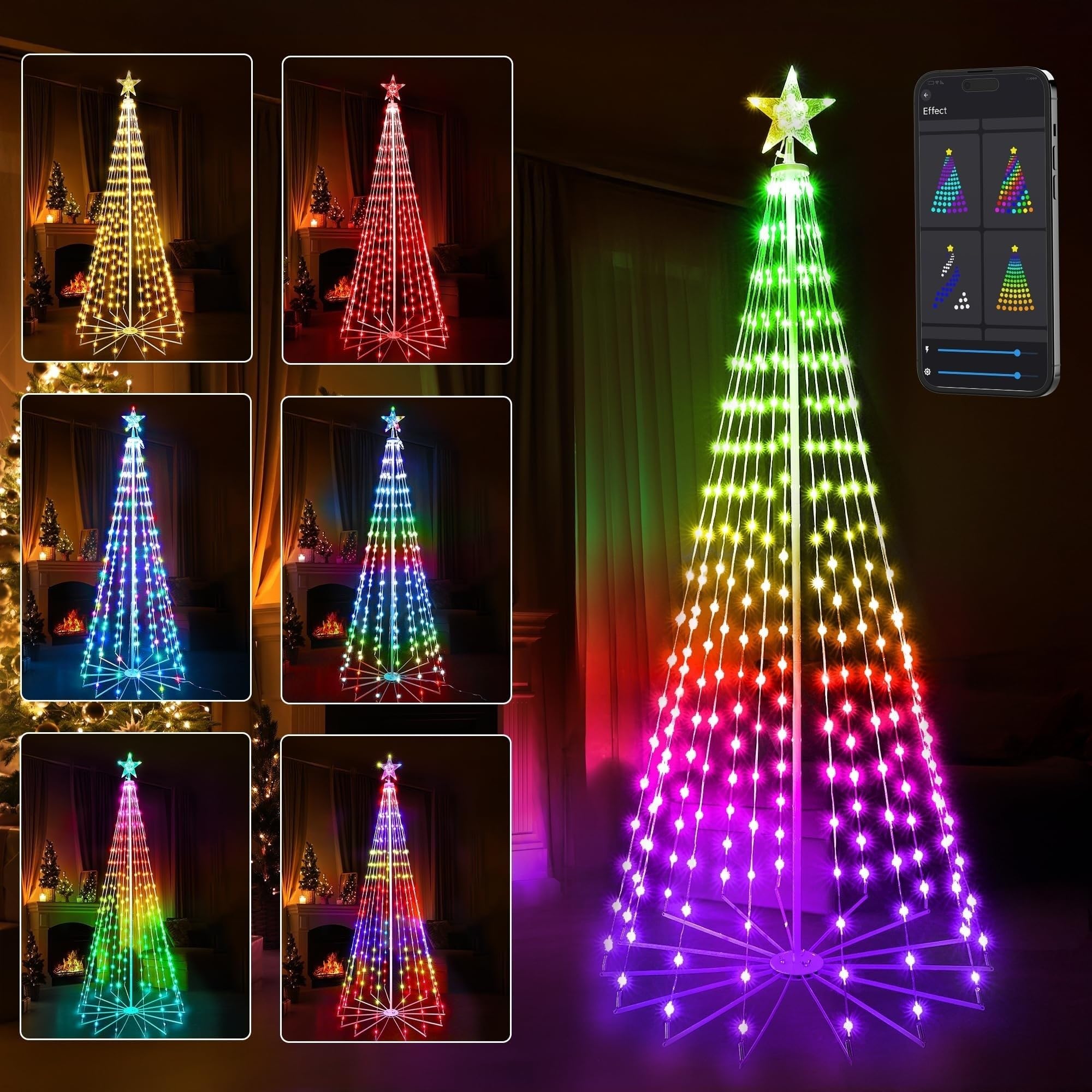 Smart Luci Albero di Natale con Stella, 265 LED RGB Cono di Luce Albero Esterno Interno Catena Luminosa da Natalizie Decorazioni, Controllato APP (188cm)