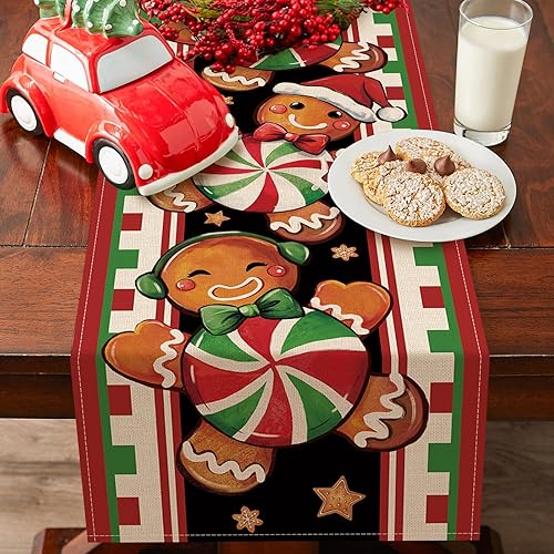 Miniatura 7 de Seliem Camino de mesa navideño de hombre de jengibre, caramelo de menta navideña, galletas, rayas rojas y verdes, decoración de mesa de comedor,