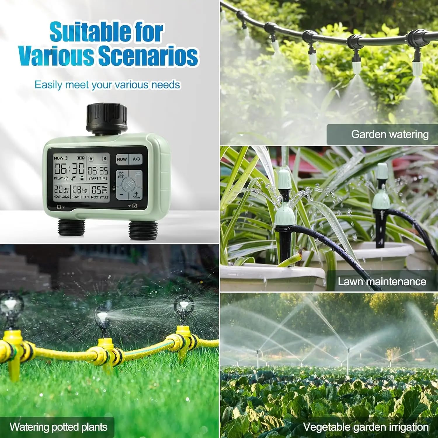 LABART Temporizador de agua digital de 2 zonas para jardín, plantas agrícolas, manguera, grifo, salida programable, sistema de riego para el hogar, controlador de flujo con modo de bloqueo infantil