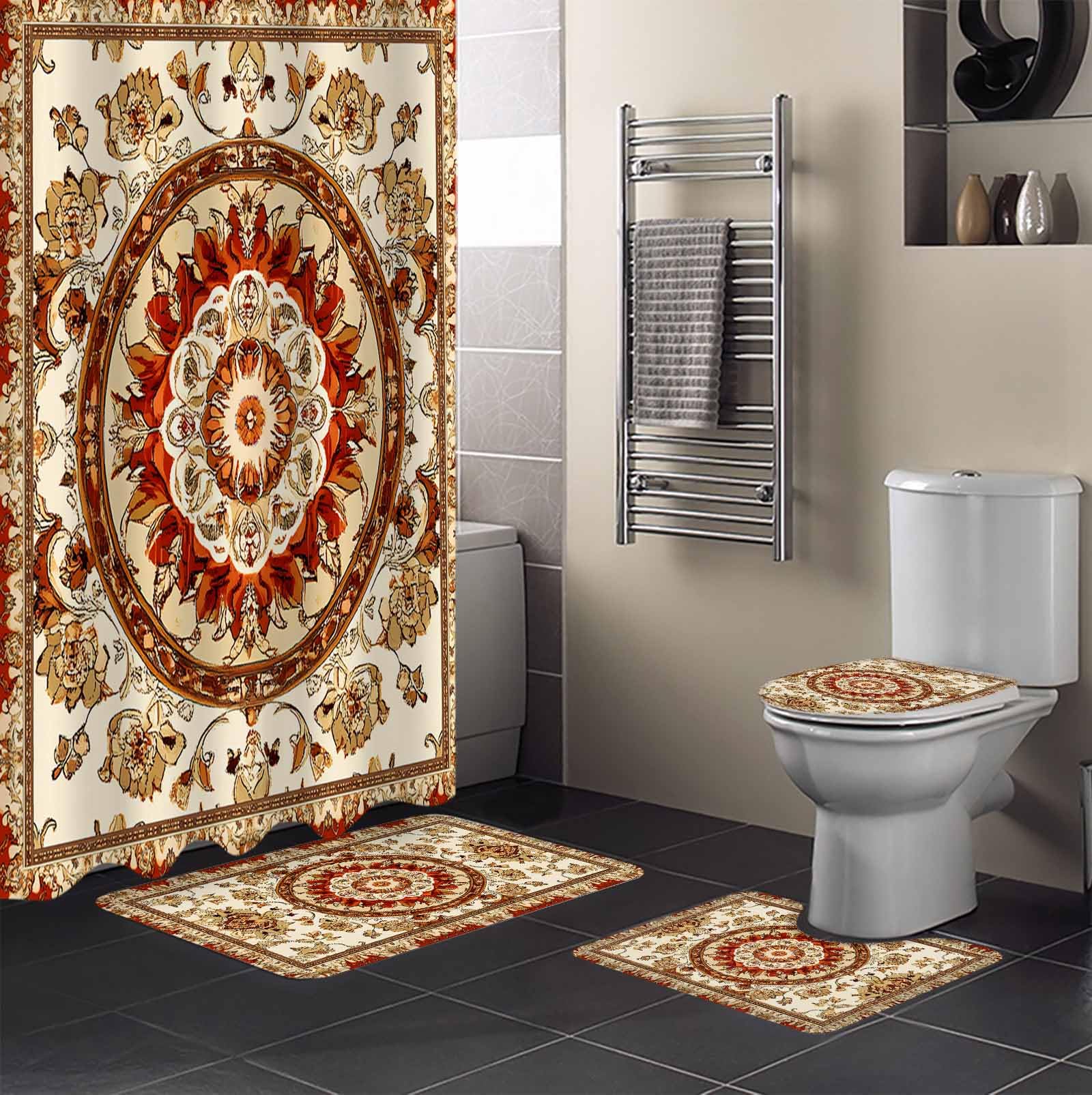 Orange Boho Bathroom Set with Shower Curtain and Rug and Accessories - 36x72 Inches Long Bohemian Oriental Farmhouse Indian Print Stall Curtain Waterproof with Large Bath Mat, Washable Runner Rug Set