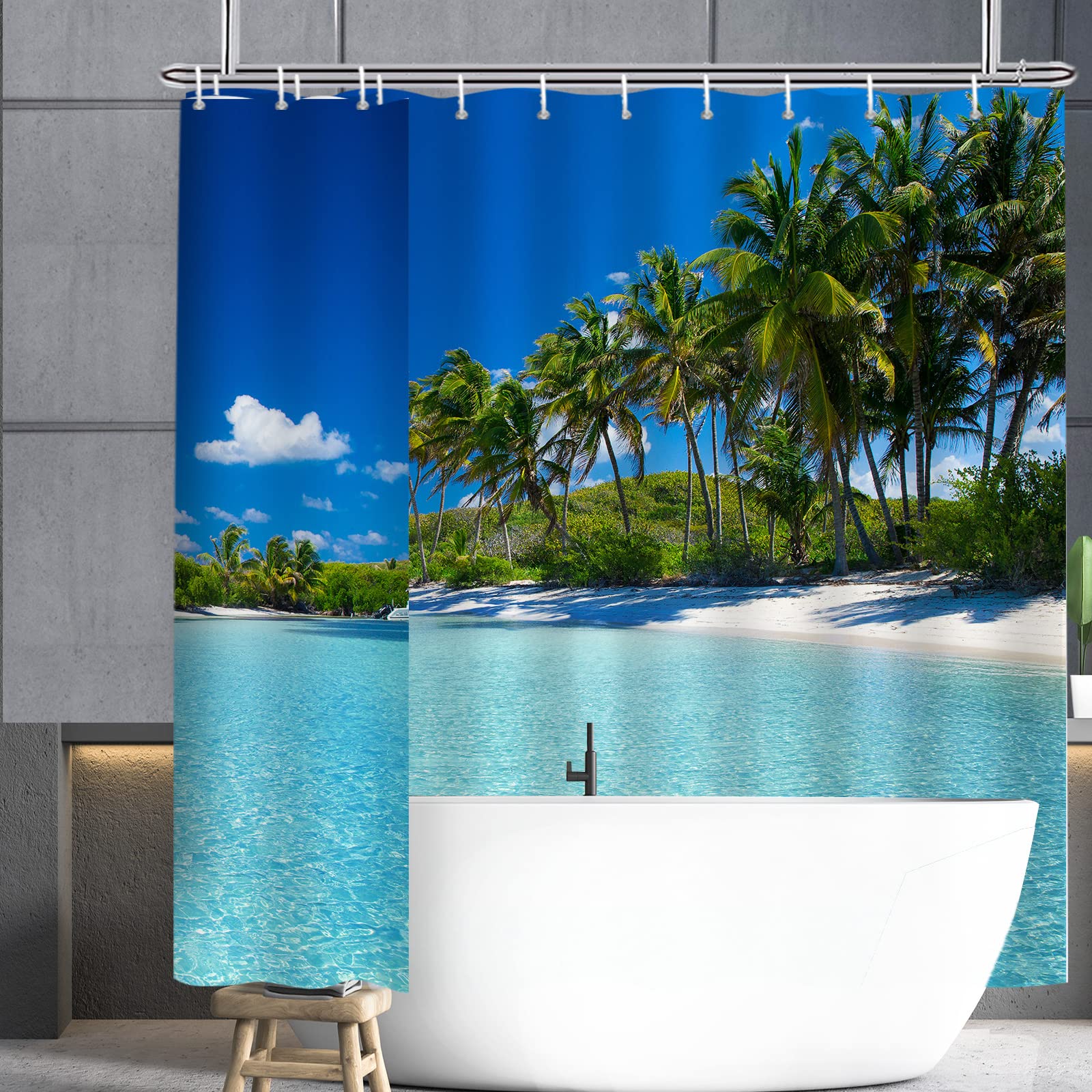 Rideau De Douche 3D Mer Et Palmiers 240x200cm - Imperméable Et Anti-Moisissure - Avec 12 Anneaux