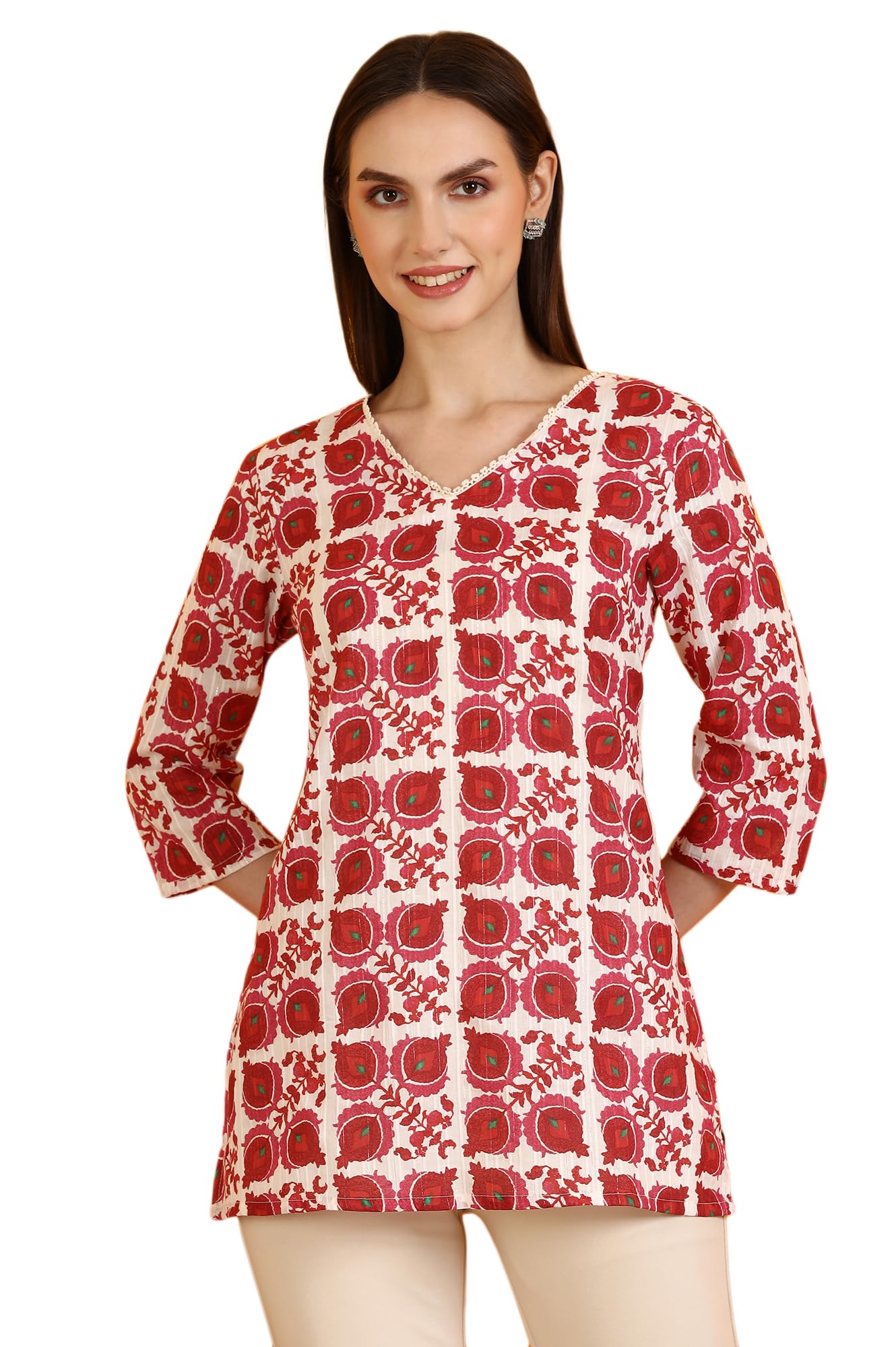 w for woman White Floral Printed Rayon Summer Tunic with Lace-picture-21
