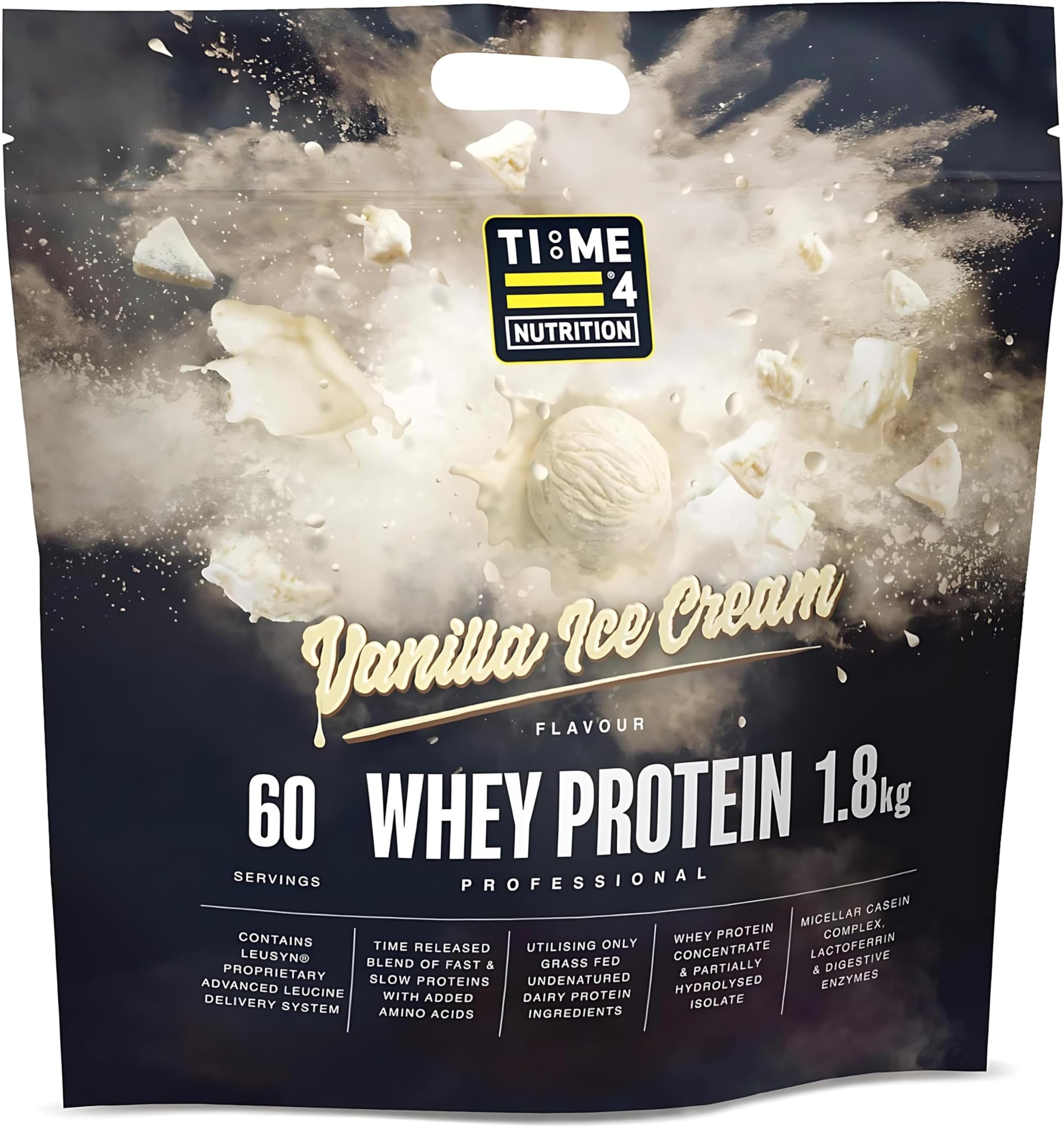 Time 4 Nutrition Whey Protein Professional Time Release Grass Fed Native Whey Protein Concentrate, Partially Hydrolysed Isolate & Micellar Casein (Vanilla Ice Cream, 1.8kg Bag)