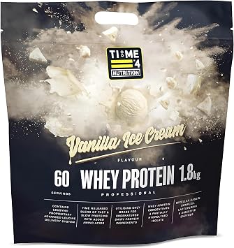 Time 4 Nutrition Whey Protein Professional Time Release Grass Fed Native Whey Protein Concentrate, Partially Hydrolysed Isolate & Micellar Casein Vanilla Ice Cream, 1.8kg Bag