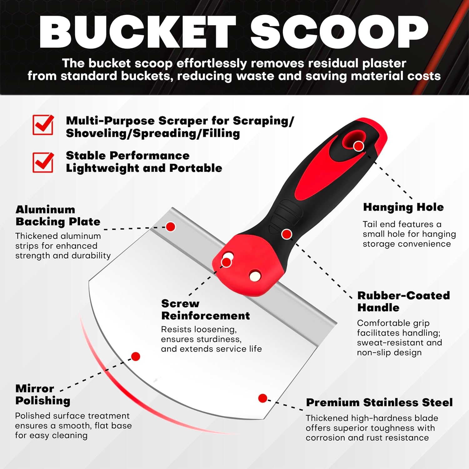 12PCS Drywall Tools Set - Stainless Steel Putty Kit with 1"-8" Knives, 8"-10" Taping Knife, 6.5" Bucket Scoop, 8-in-1 Painter Scraper, 12" Mud Pan, 13" Floor Scraper Blade with 4" Replacement Blades