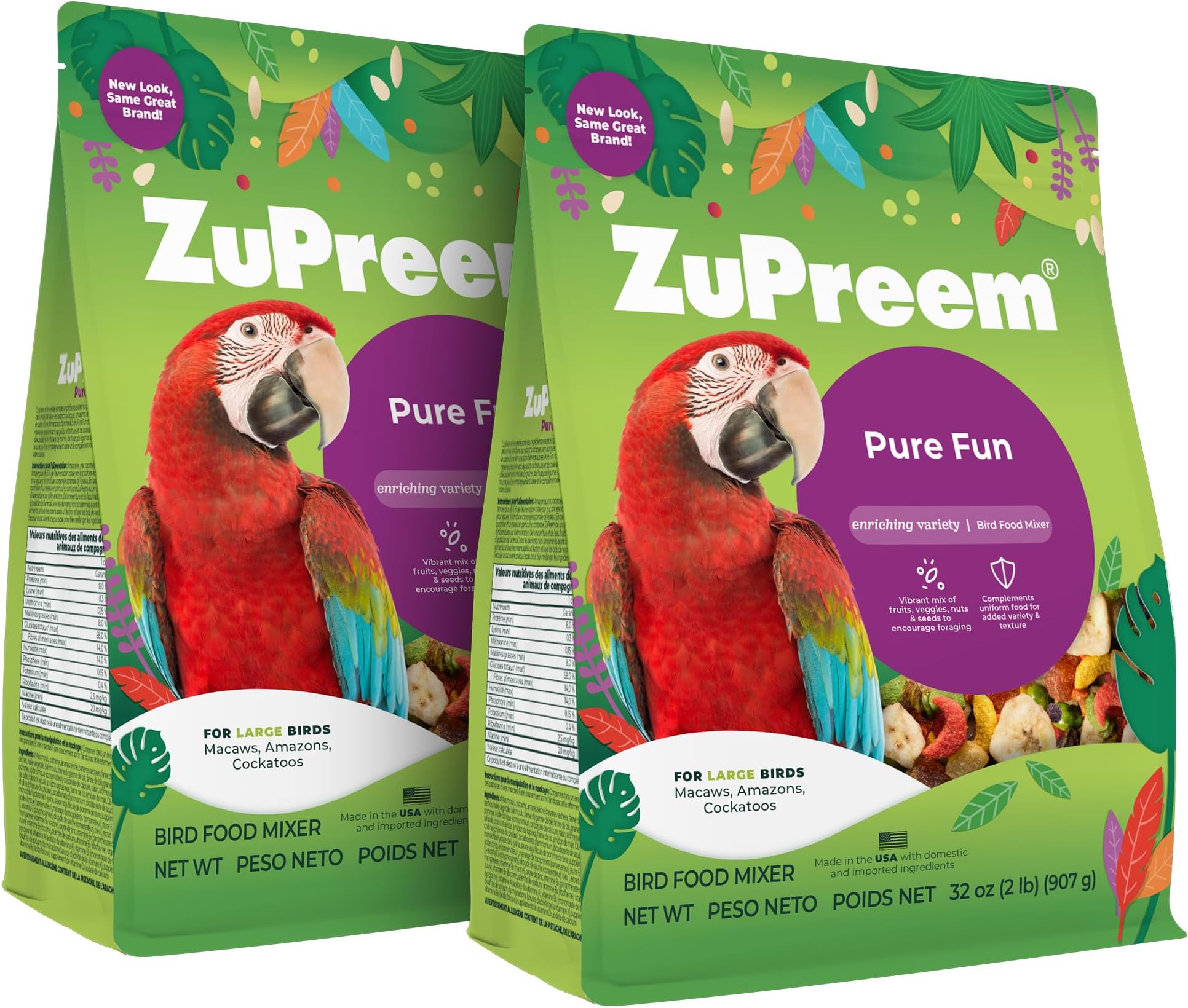 Pure Fun Large Parrot Food Mix – Enrichment Bird Food with Fruit, Vegetables, Nuts & FruitBlend Pellets for Amazons, Macaws & Cockatoos, 2 lb Bags (2 Pack)