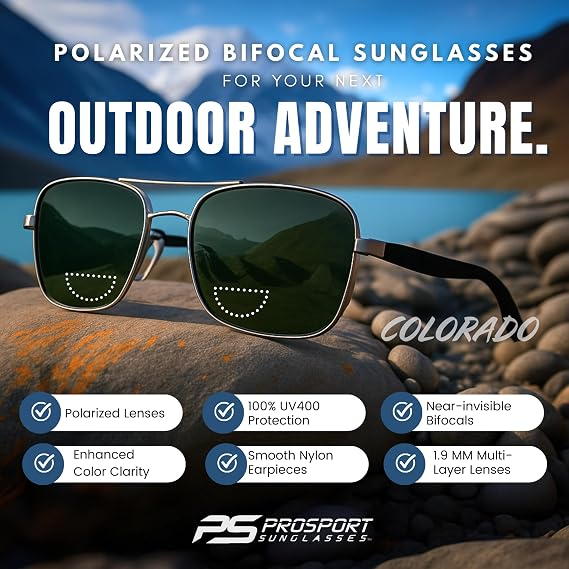 proSPORT Aviator Polarized Bifocal Reader Sunglasses Fishing Smoke Lens Gun Metal Men Women Square 1.50 2.00 2.50