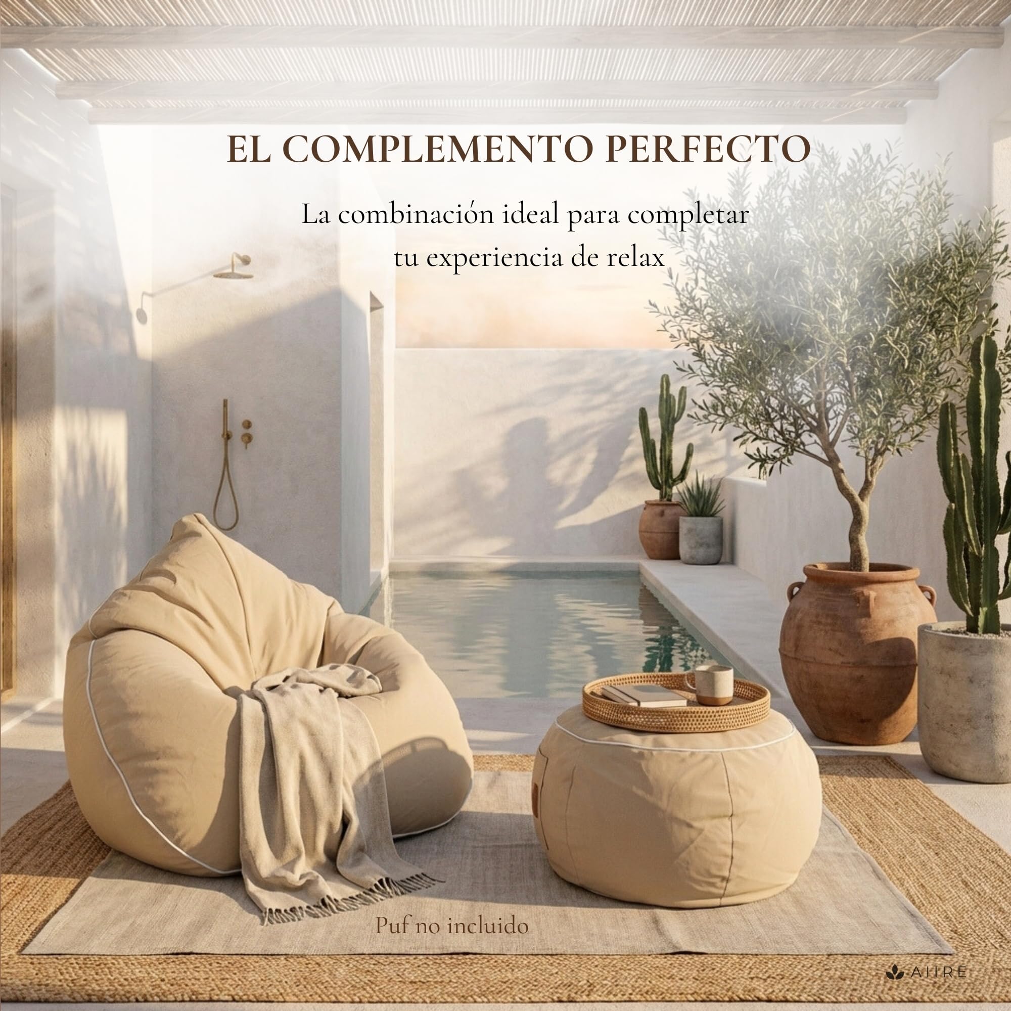 Aiire Puff Exterior Jardín en Olefina - Reposapies Puf con Relleno Incluido XXL de Diseño para Jardín,Terraza o Piscina - Reposa Pies Bean Bag Moderno - Taburete Sofa Beige [45x30]